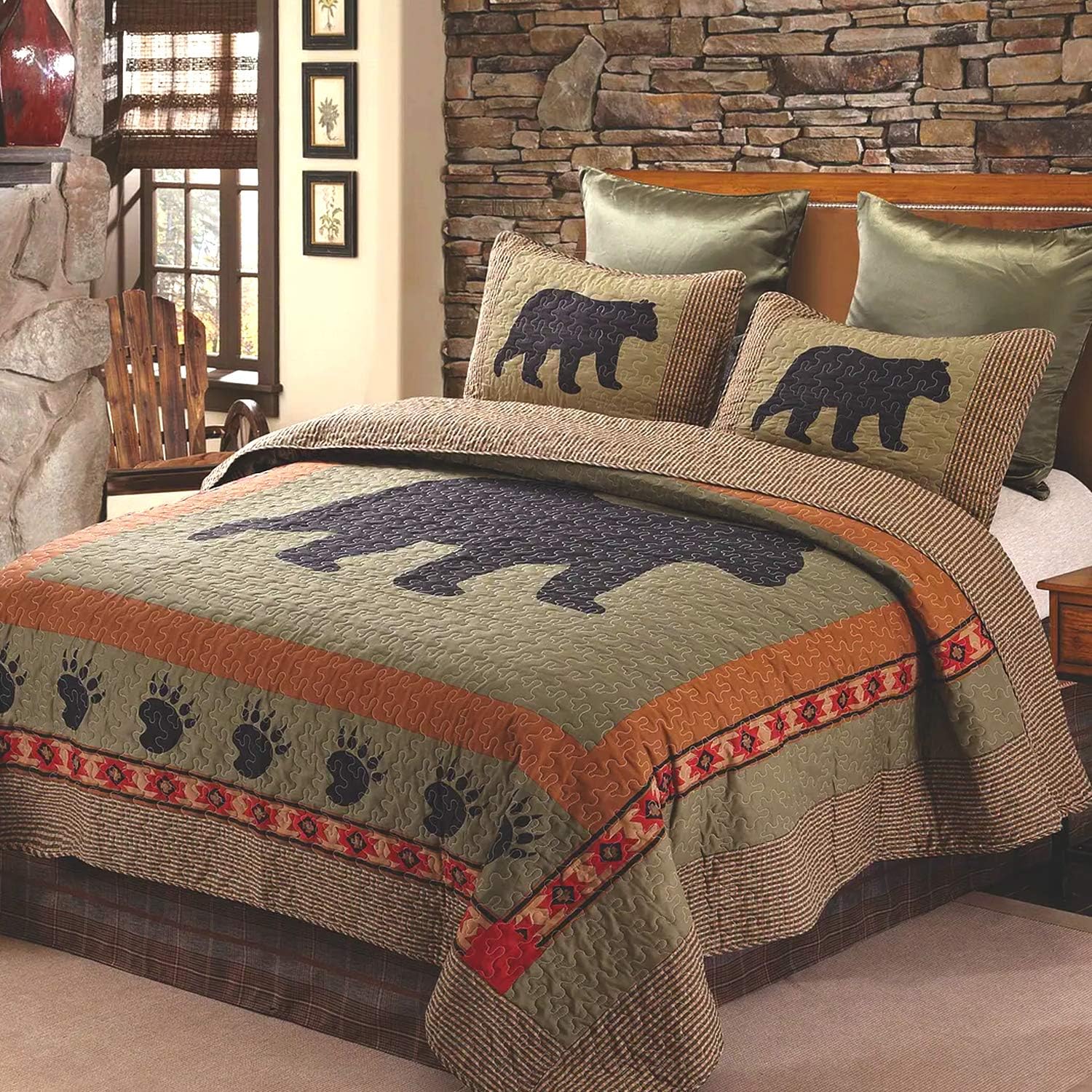 Virah Bella Quilt Collection - Bear & Paw Printed Bedding Set, 3-Piece King - Reversible Quilt with 2 Matching Pillow Shams