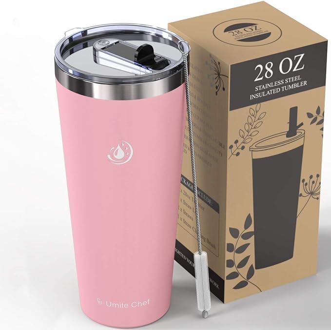 Umite Chef 28oz Tumbler Insulated Stainless Steel Travel Mug with Leakproof Straw Lid, Modern Double Walled Thermo Water Bottle, Coffee Mug Cup for Home, Outdoor, Office, Ice Drink, Hot Beverage(Pink)