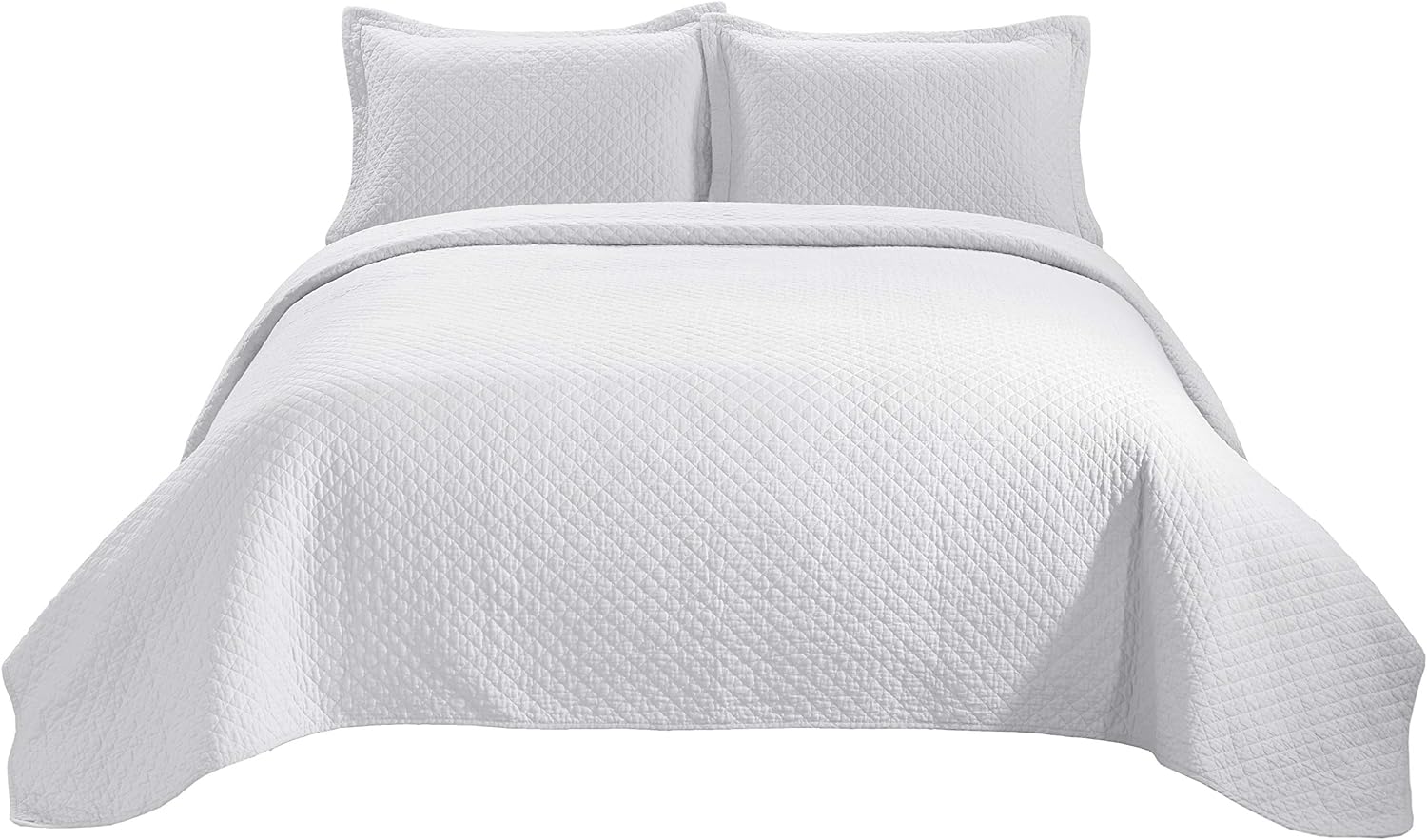 Chezmoi Collection Avon 3-Piece Diamond Stitch Pattern Soft-Finished Vintage Washed 100% Cotton Quilt Set (Queen, White)