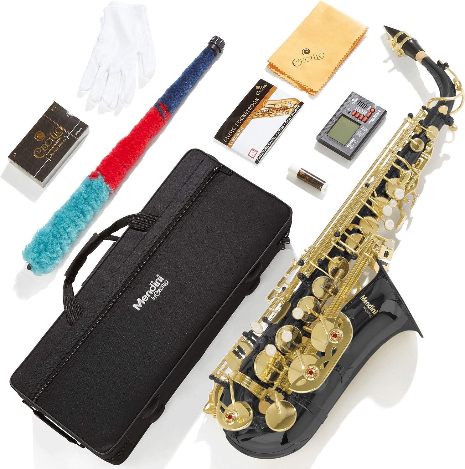 Mendini By Cecilio Eb Alto Saxophone - Case, Tuner, Mouthpiece, 10 Reeds, Pocketbook - Nickel & Gold E Flat Musical Instruments