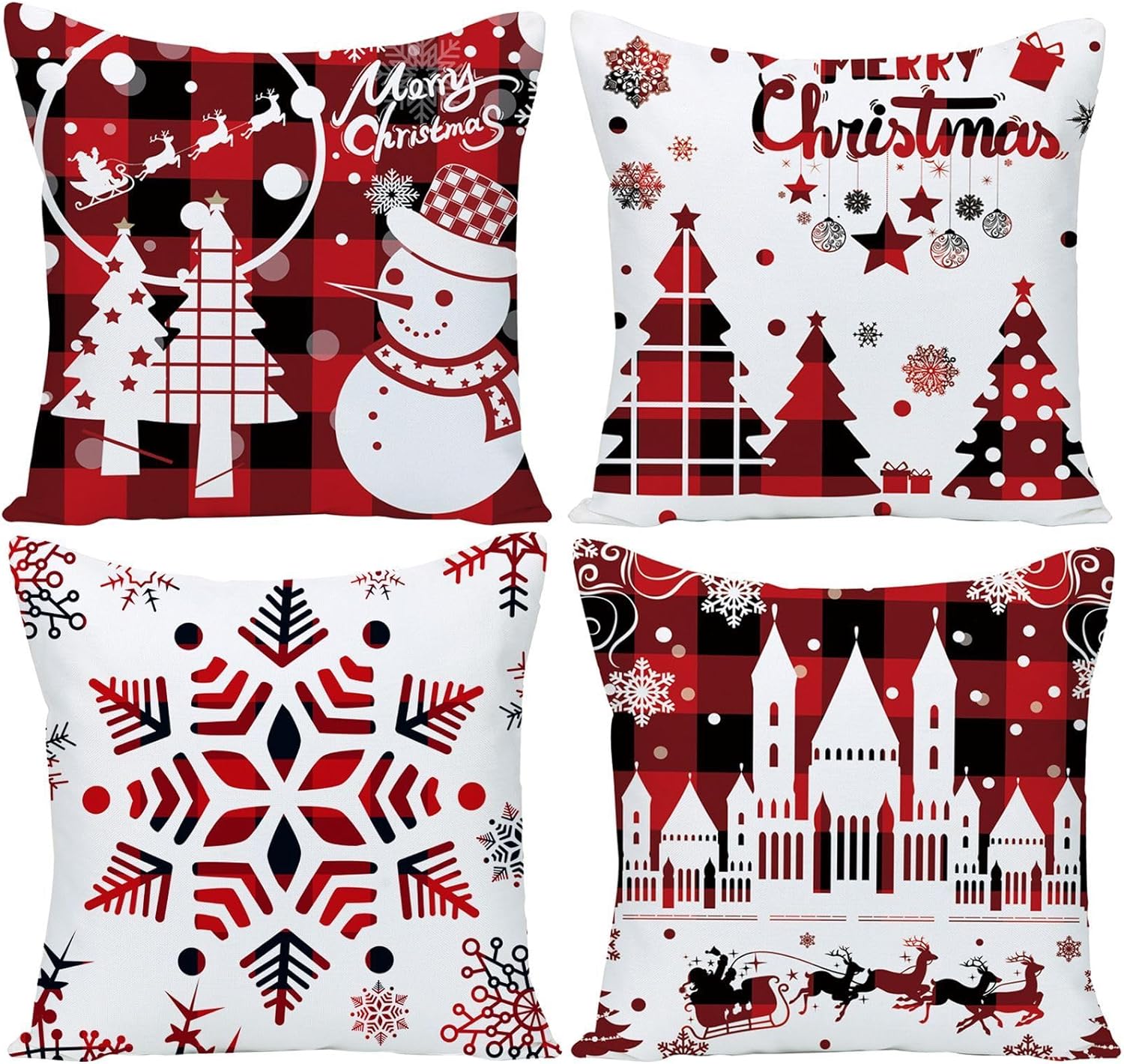 Set of 4 Happy Winter Snowflake Merry Christmas Tree Red Castle Deer with Snowman Cotton Linen Throw Pillow Case Cushion Cover Decorative for Sofa Living Room Square 18X18 Inches