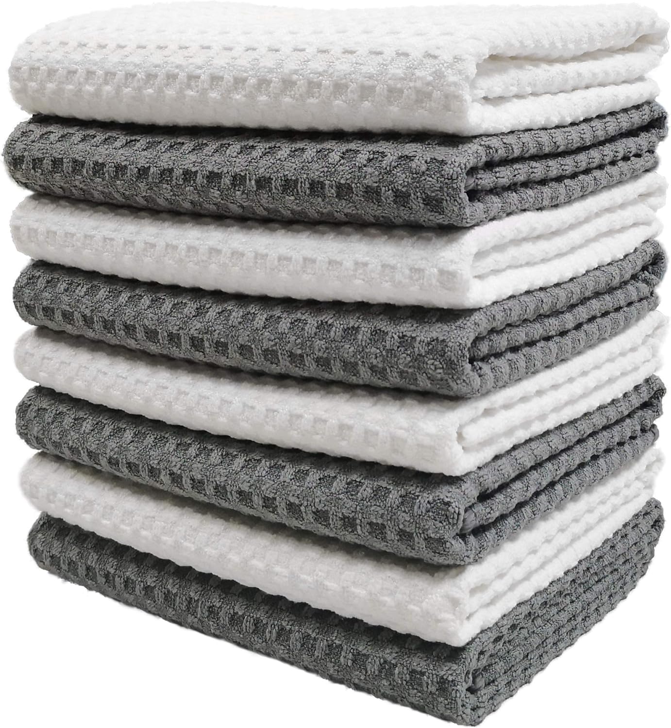 POLYTE Ultra Premium Microfiber Kitchen Dish Hand Towel Waffle Weave, 8 Pack (16x28 in, Gray, White)