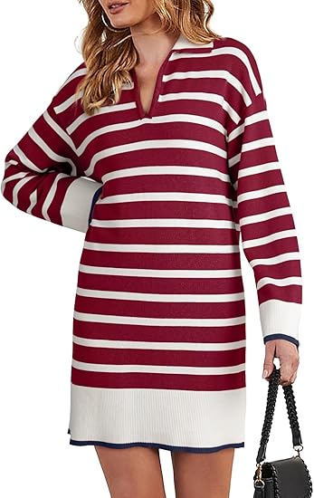 Dokotoo Women' Polo V Neck Sweater Dresses Fall Dresses for Women 2024 Long Sleeve Dress Casual Striped Mini Dress