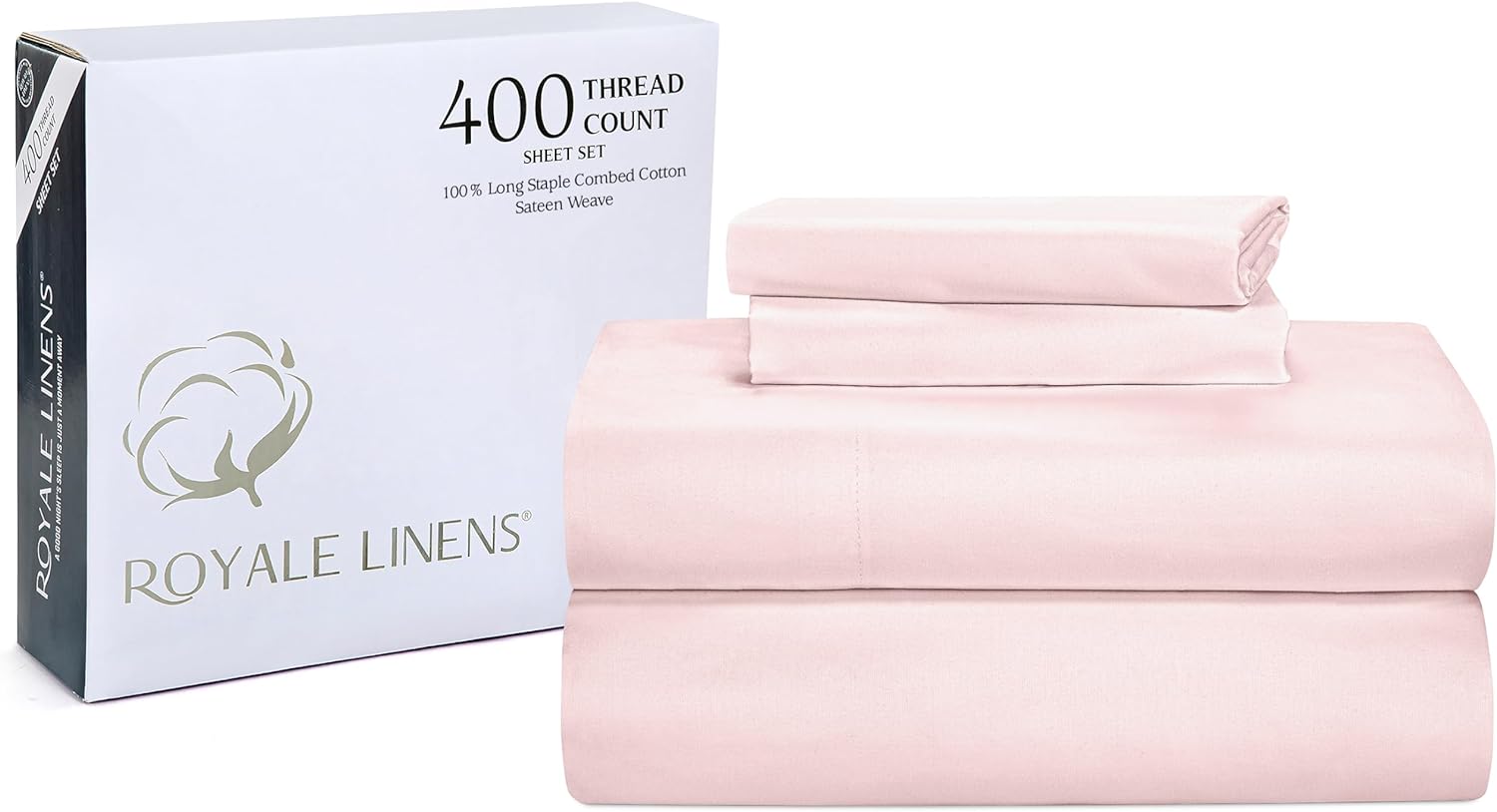 ROYALE LINENS 400 Thread Count 100% American Grown Cotton 4 Piece Sateen Queen Sheet Set - 1 Fitted Sheet, 1 Flat Sheet, 2 Pillow case - Pink Queen Bedsheet - Cotton Sheets - (Queen, Kyoto Blush)