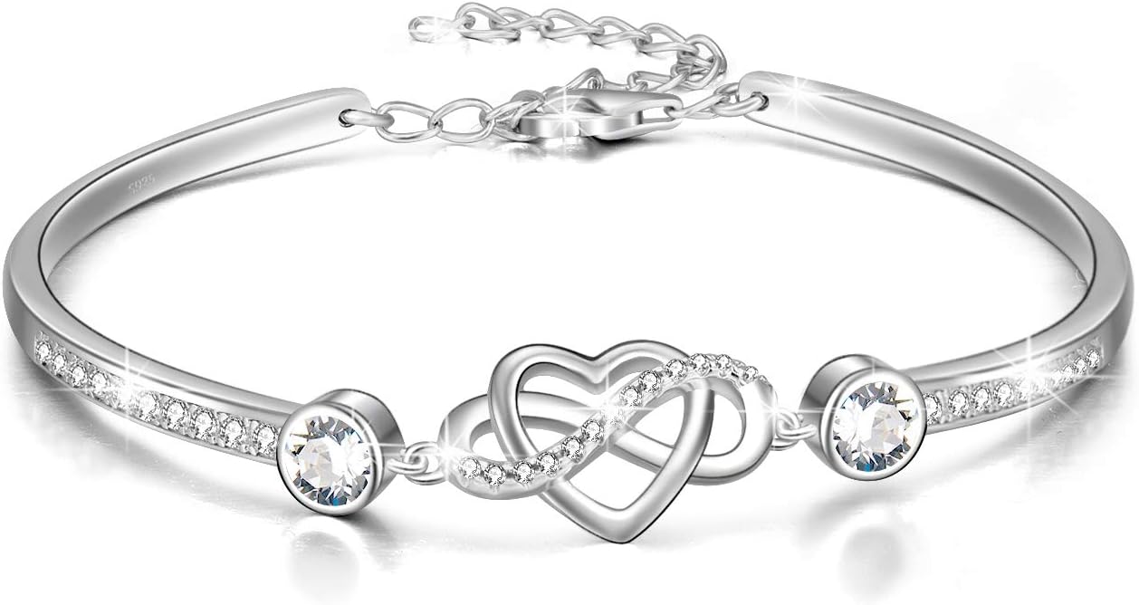 AOBOCO 925 Sterling Silver Infinity Endless Love Heart Birthstone Bangle Bracelet - I Love You Forever Series Adjustable 6-8 in Bracelet with Crystals from Austria Romantic Birthday Jewelry Gift for Women Wife Girlfriend