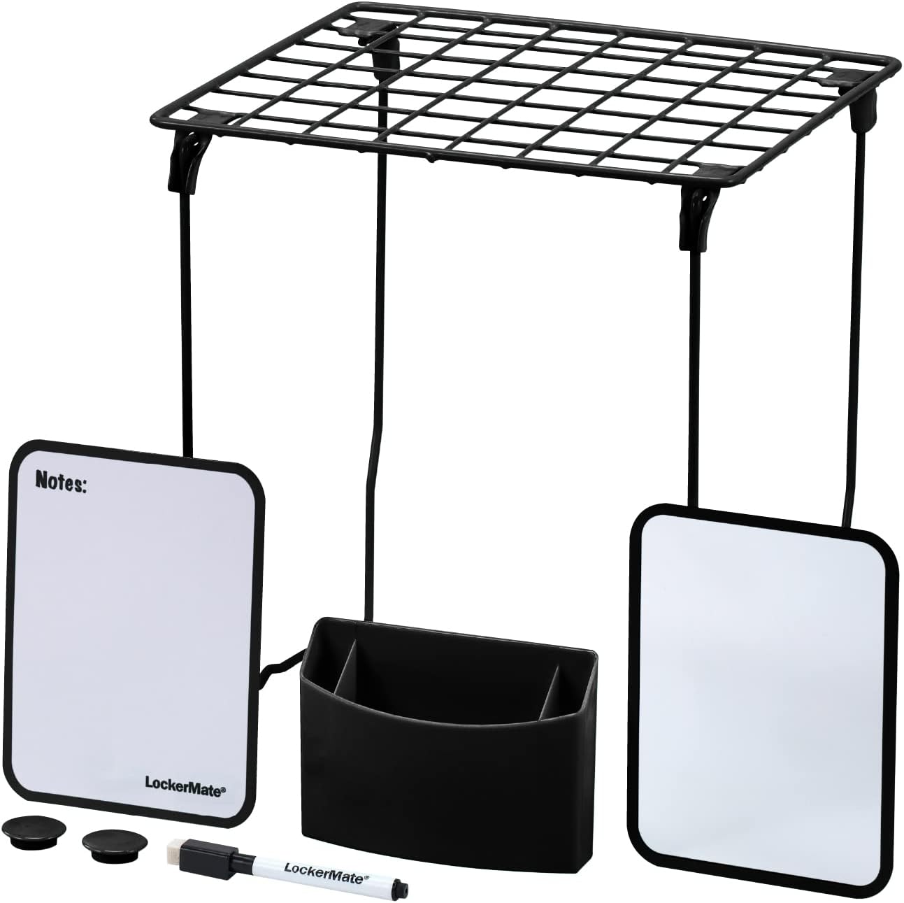 LockerMate 7-Piece Locker Organizer Kit, Includes Locker Shelf, Mirror, Whiteboard, Storage Cup & Dry Erase Marker - Black