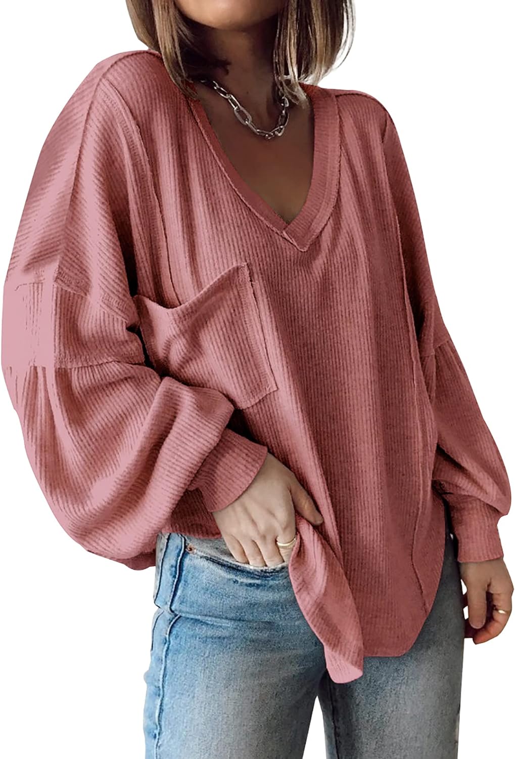 BTFBM Women' Casual V Neck Ribbed Knitted Shirts Pullover Tunic Tops Loose Balloon Sleeve Solid Color Blouses Top