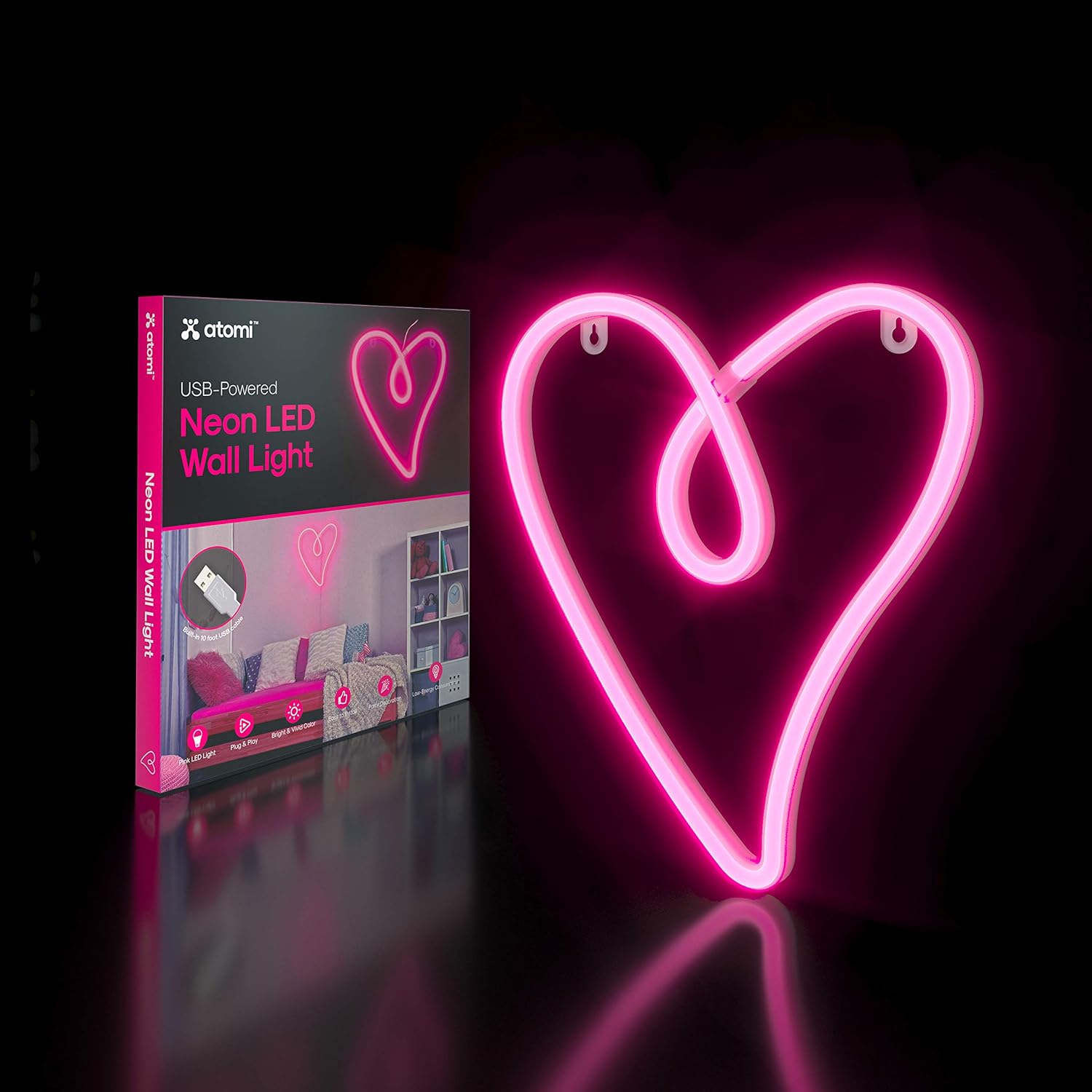 Atomi Smart Neon LED Light I Decorative Wall Art for Bedrooms, Bars & DIY Designs I USB Powered, 10 ft Cord - Pink Retro Heart