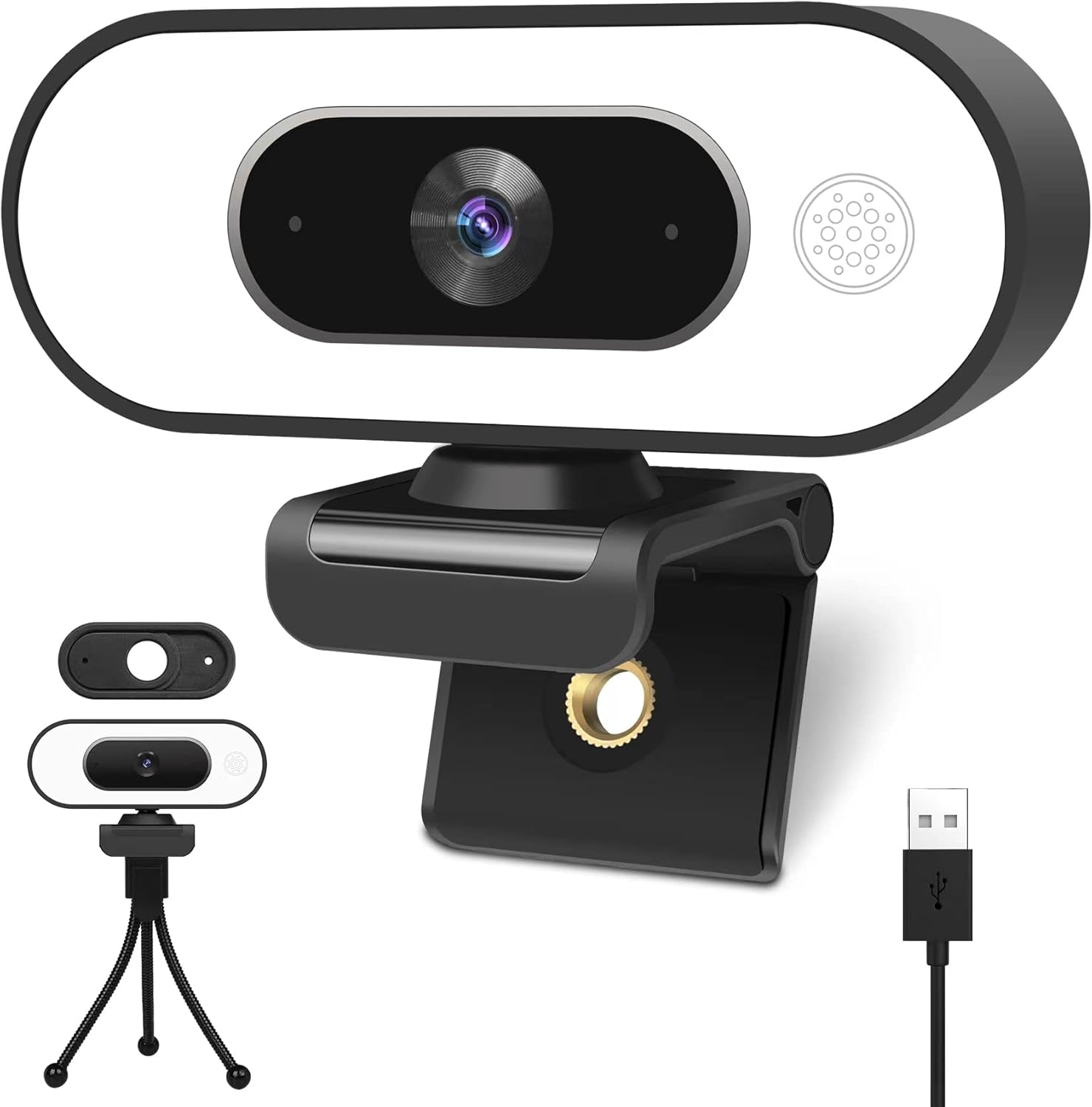 Webcam with Ring Light - Plug and Play, Privacy Cover and Tripod included, 1080P Full HD Pro Streaming Web Camera with Microphone, USB Computer Camera for PC Mac Laptop Desktop