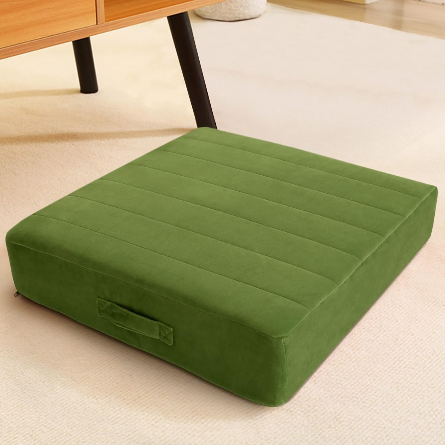 MeMoreCool Square Floor Pillow Seating for Adults Kids, Large Meditation Cushion Floor Pillow with Thick Foam & Soft Tufted Cover, Washable Big Pillow Seat Floor Cushion for Sitting Yoga 22" Green