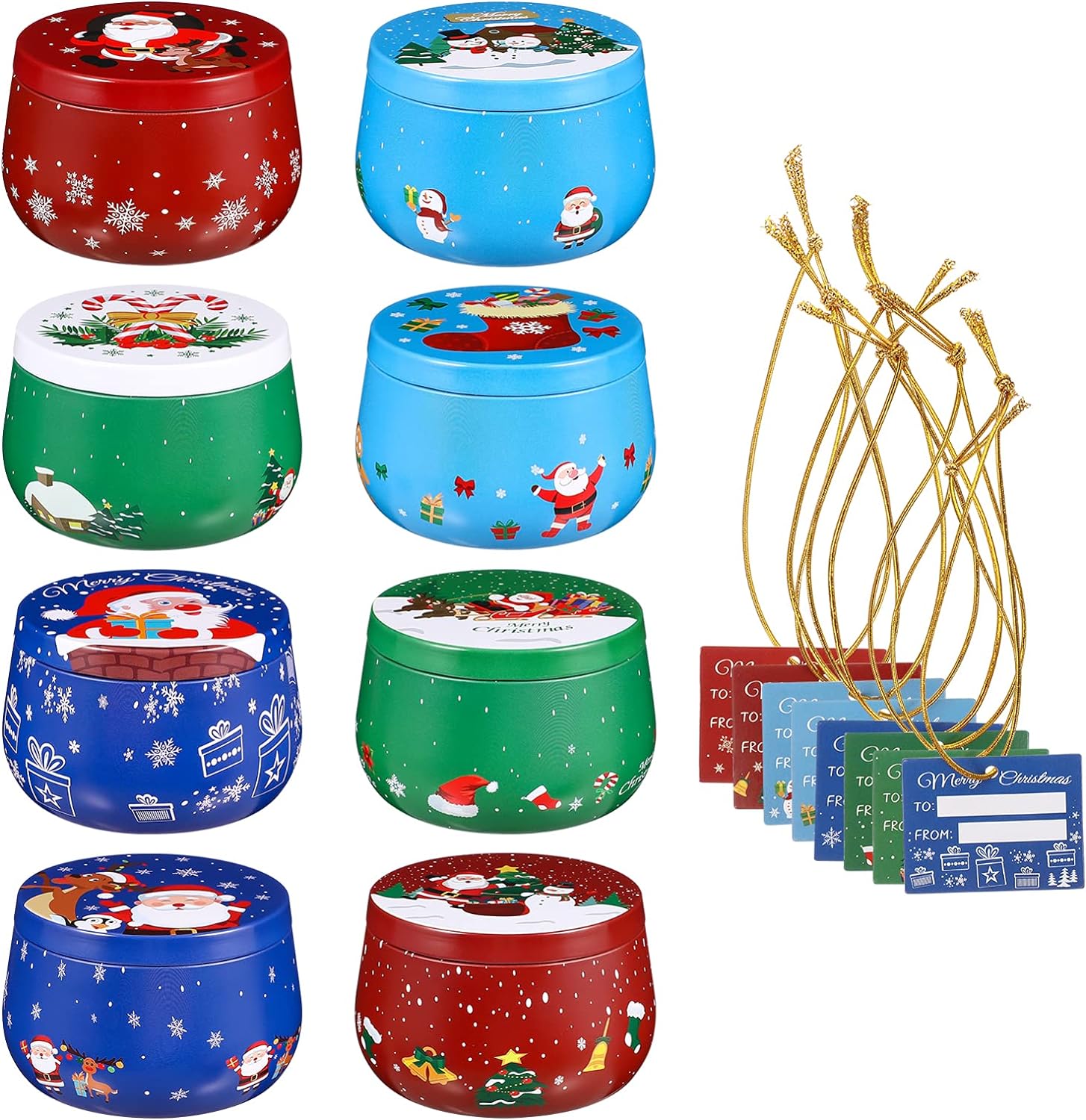 Christmas Cookie Tins 8PCS 8OZ:Christmas Holiday Printed Round Metal Tins with Lids with 8PCS Tags for Candy,Spices, Tea, DIY Candles, Dry Storage,Party Favors