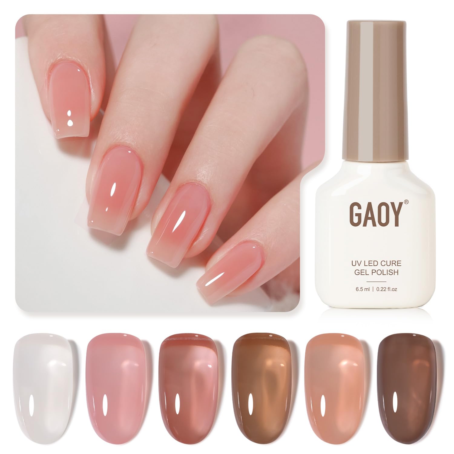 GAOY Nude Jelly Pink Gel Nail Polish Set, 6 Transparent Colors Sheer White Brown Gel Nail Kit for Salon and Nail Art DIY at Home