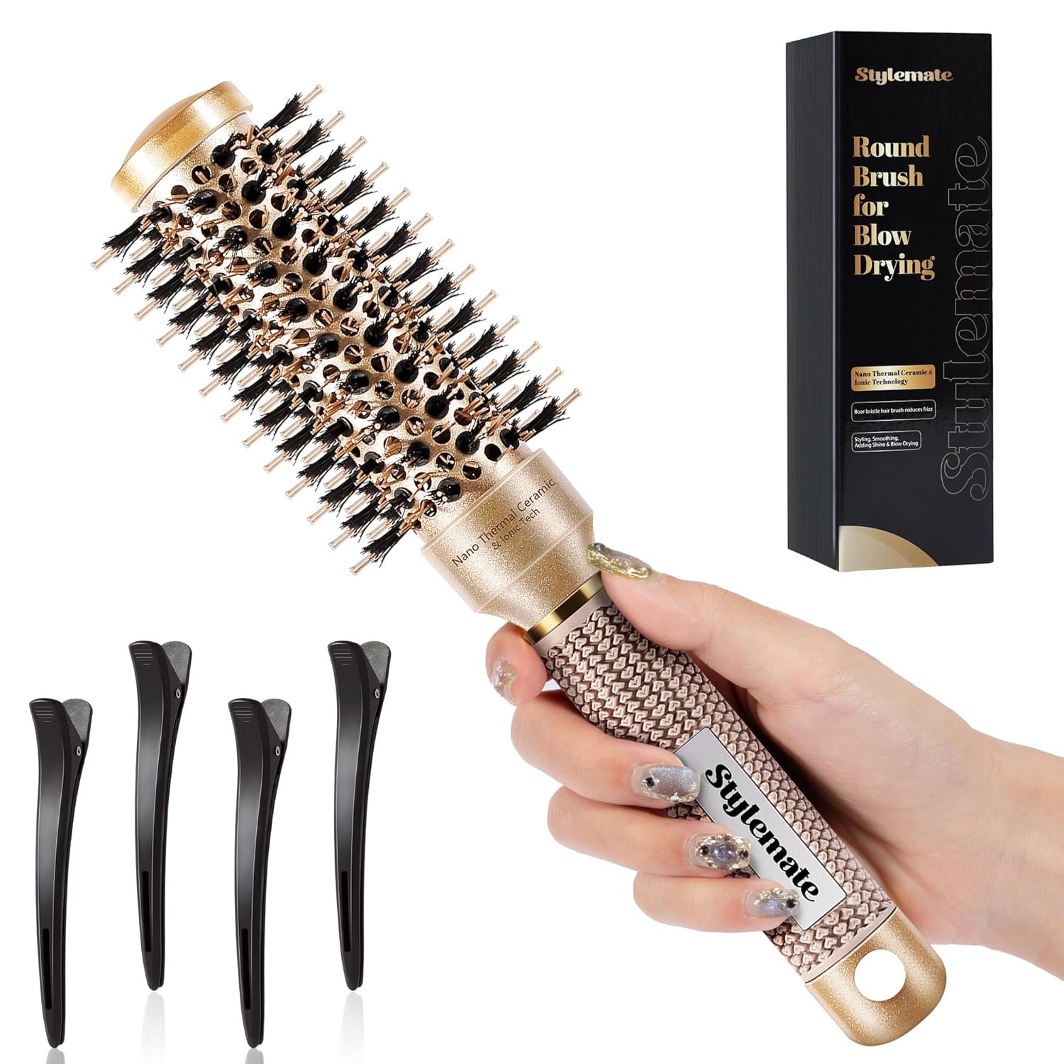 Round Brush for Blow Out, Nano Thermal Ceramic & Ionic Tech Round Barrel Hair Brush with Boar Bristles, Roller Brush for Blow Drying and Styling, 4 Free Clips (2 Inch, Barrel 1 inch, 25mm)