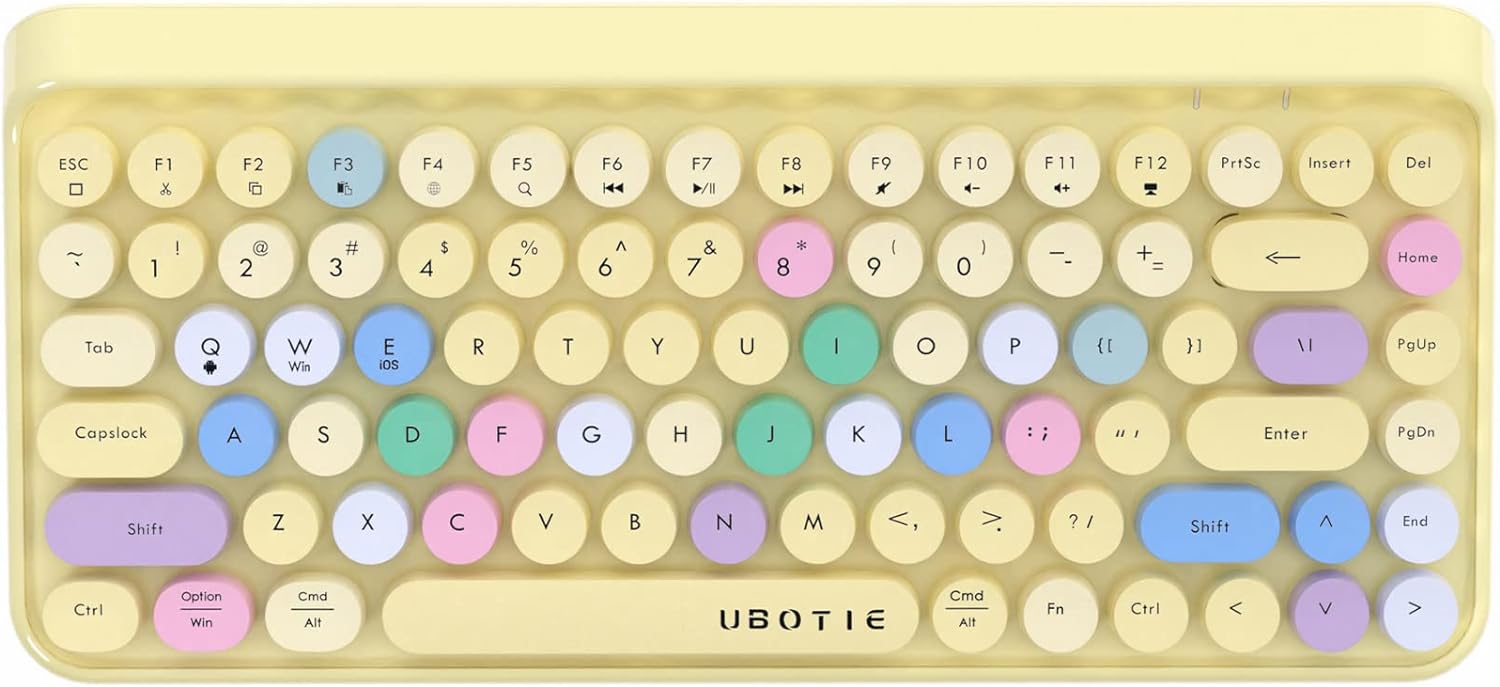 UBOTIE Portable Bluetooth Colorful Computer Keyboards, Wireless Mini Compact Retro Typewriter Flexible 84Keys Design Keyboard (Yellow-Colorful)