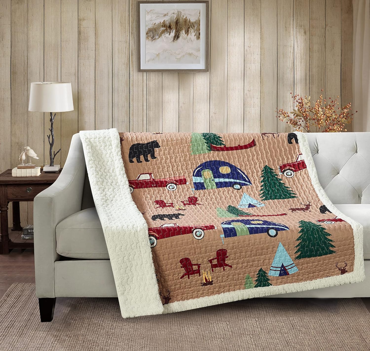 Virah Bella Quilted Sherpa Throw Blanket 50" x 60" Woodland Campin' Lightweight Throw Quilt Great for Loungers & Extra Bedding - Beautiful Lodge-Themed Blanket