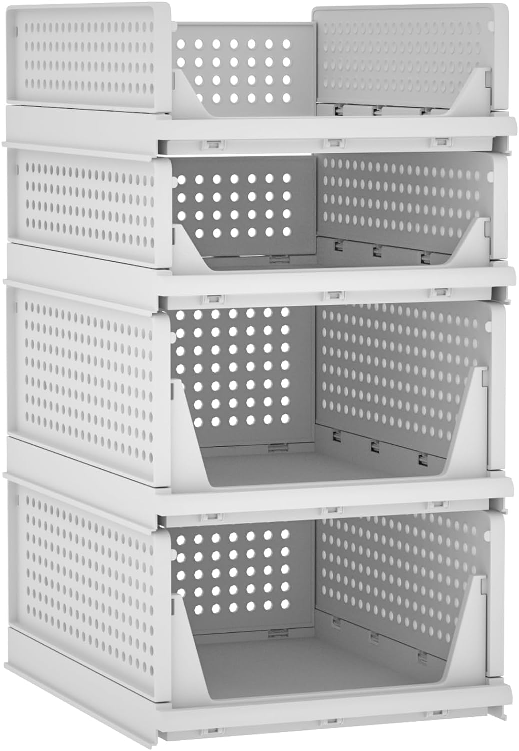 Homde Stackable Closet Organizers and Storage Bins, Foldable Plastic Storage Box Basket for Clothing, Clothes Organizer T-Shirt Storage Containers Kid Toy Food Rack for Wardrobe (4 Pack White-2S2L)