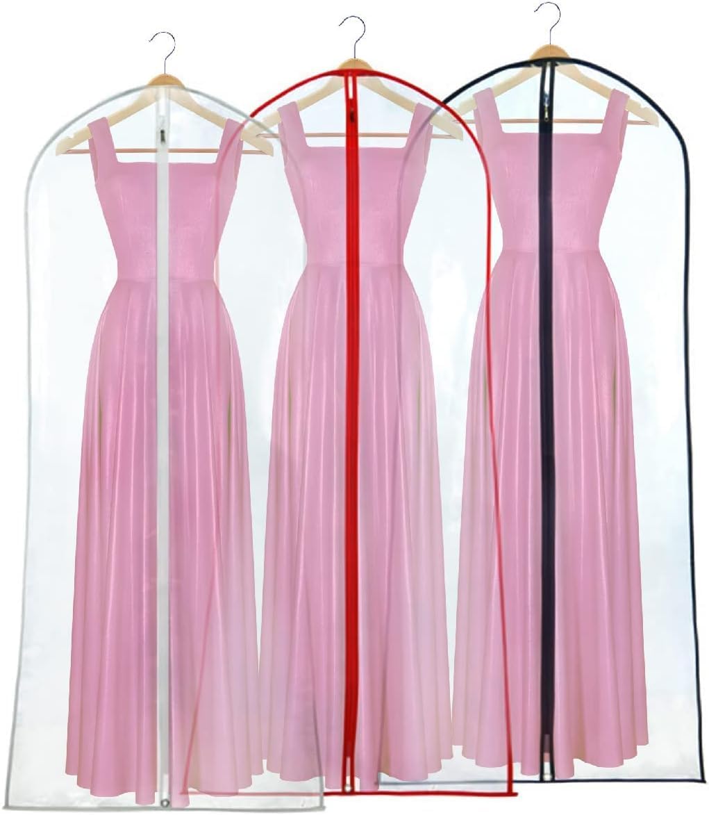 HANGERWORLD 72inch Long Dress Bag Garment Protector Covers - Pack of 3, Showerproof Clear PEVA Plastic, Mixed Color Trim