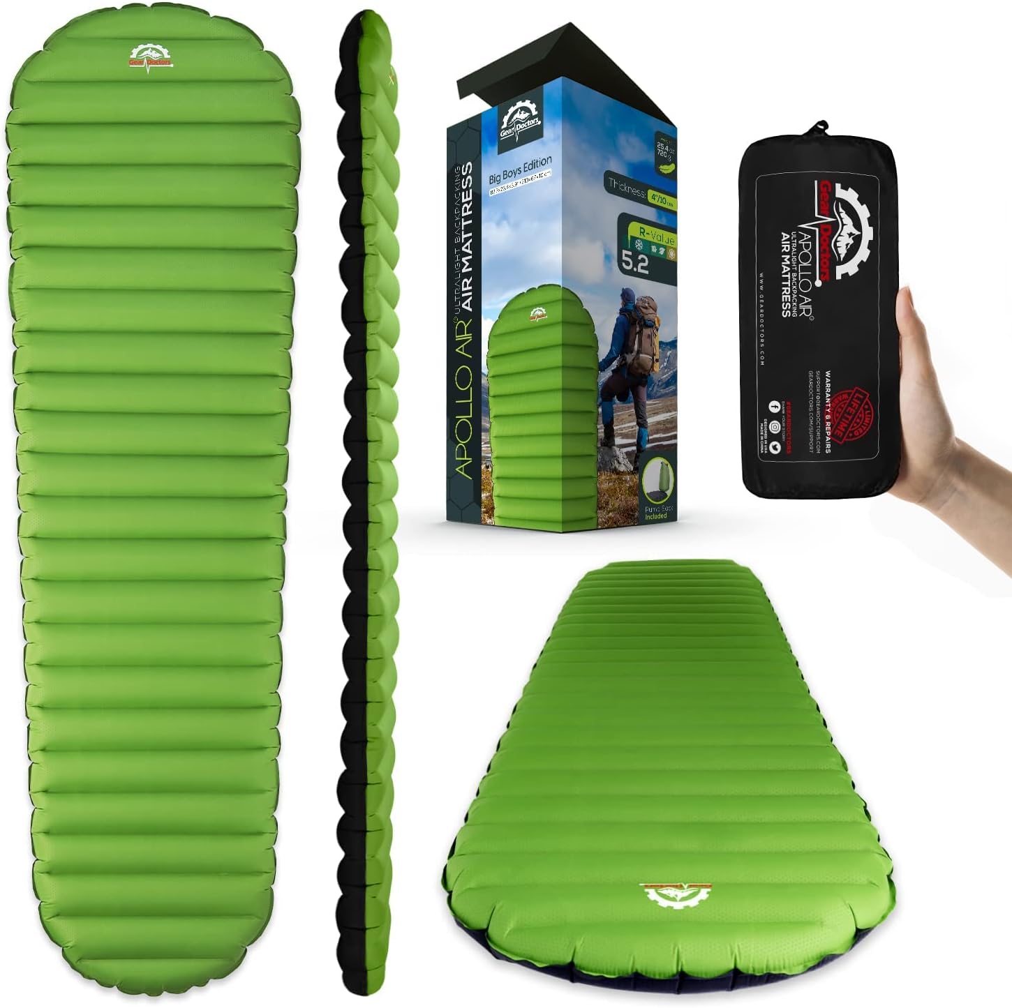 Gear Doctors Camping Pads Self Inflating Ultralight Apollo air 4.3-5.2 R Insulated Camping mats 1.5-3.3 in Must Haves Inflatable Foam air Sleep mat self Inflating Air Mattress Cot