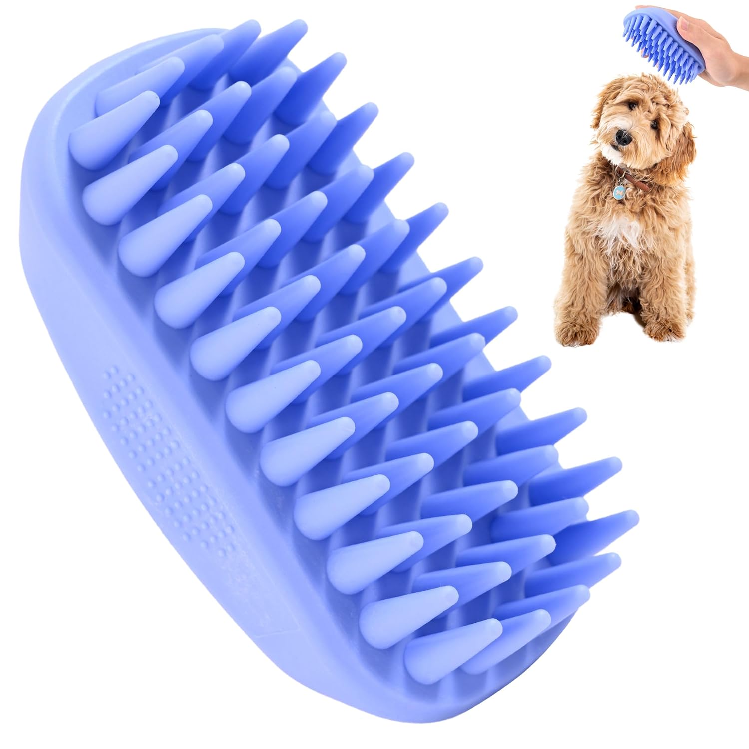 Dog Grooming Bath Brush, Pet Rubber Brush For Shower Scrubbing & Soothing Massage, Ideal for Long & Short Haired Dogs and Cats, Essential Puppy Grooming Accessories, Long Pins [We Love Doodles]