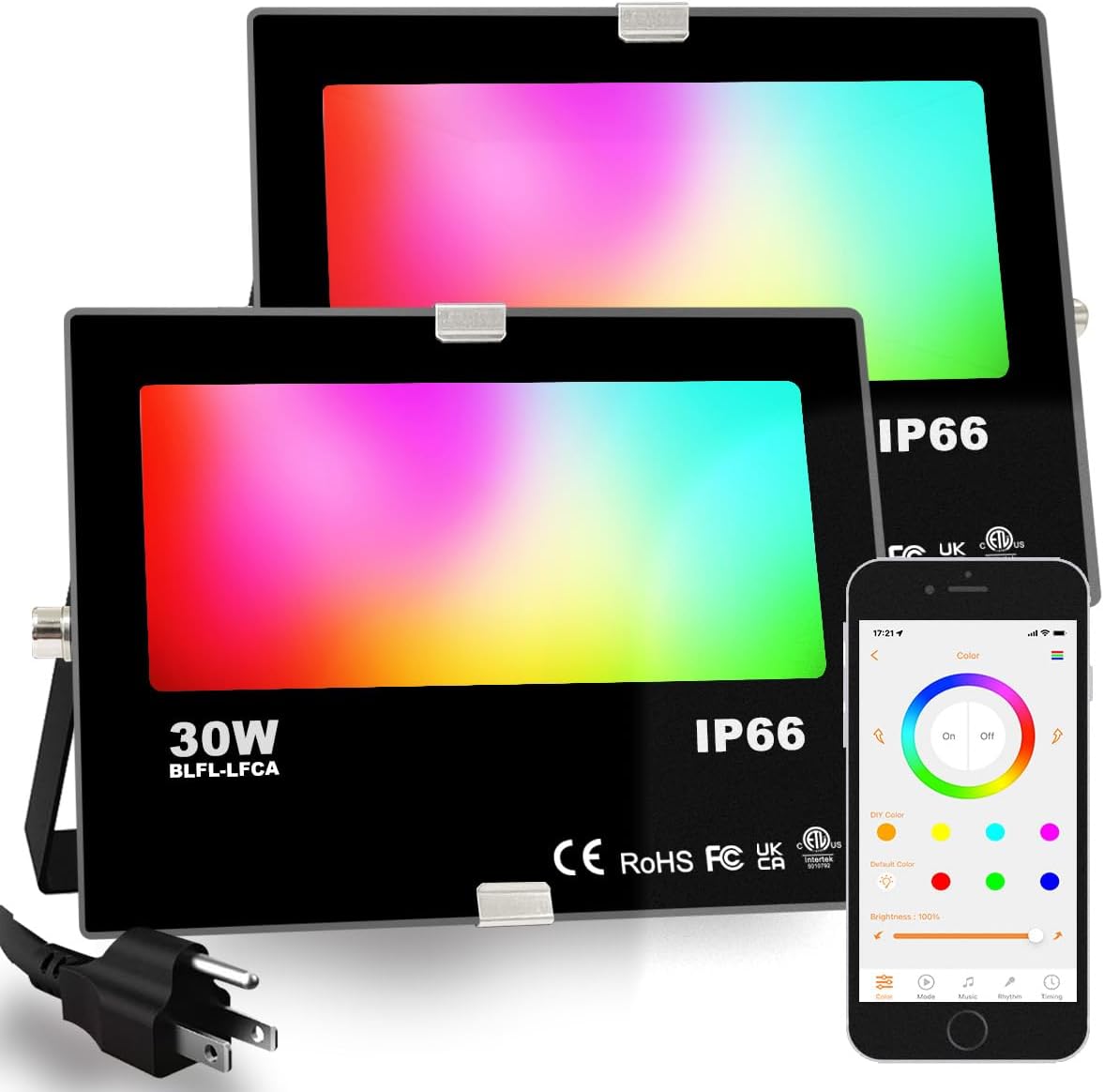 ILC LED Flood Light 30W Outdoor RGB Color Changing, Smart Floodlights RGBW 2700K Warm White & 16 Million Colors, 20 Modes, Grouping, Timing, IP66 Waterproof (2 Pack)