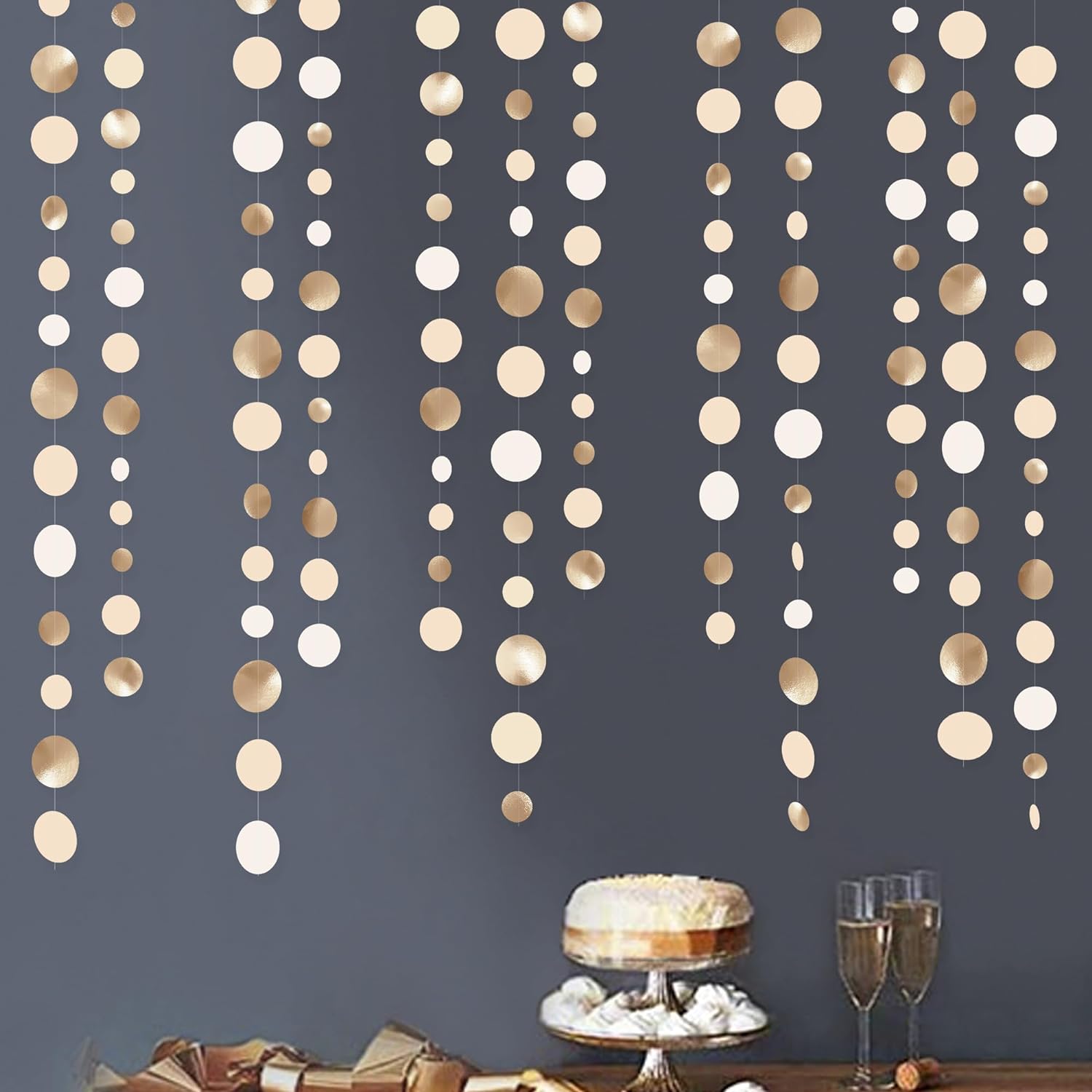 Champagne Gold Party Decorations Circle Dots Garland Gold Neutral Nude Neutral Cream Beige Boho Hanging Polka Dot Streamer for Bridal Shower Birthday Wedding Engagement Baby Shower Party Supplies