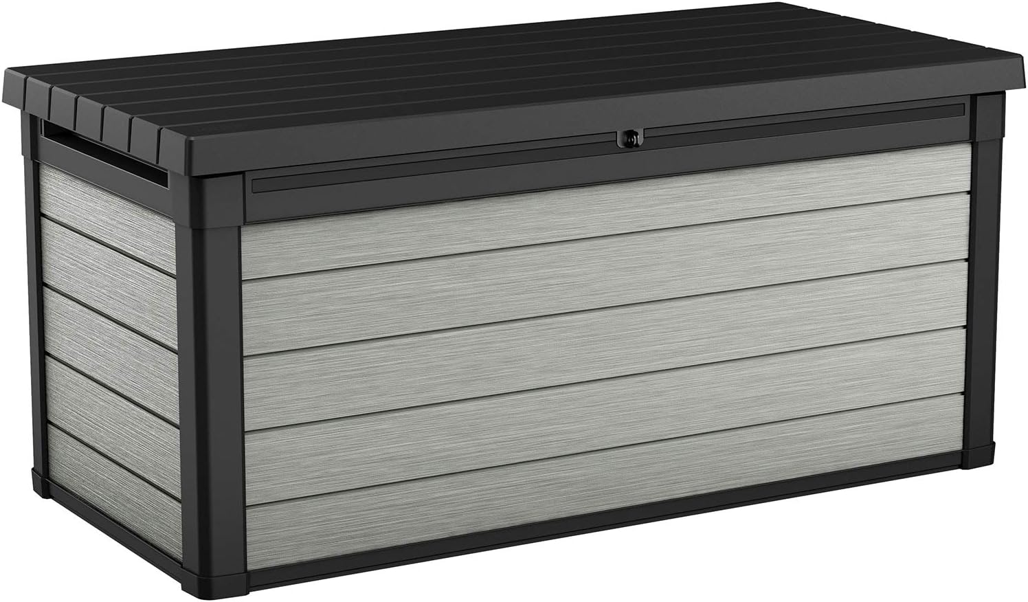 Keter Denali 150 Gallon Resin Large Deck Box-Organization and Storage for Patio Furniture, Outdoor Cushions, Garden Tools and Pool Toys, Grey & Black