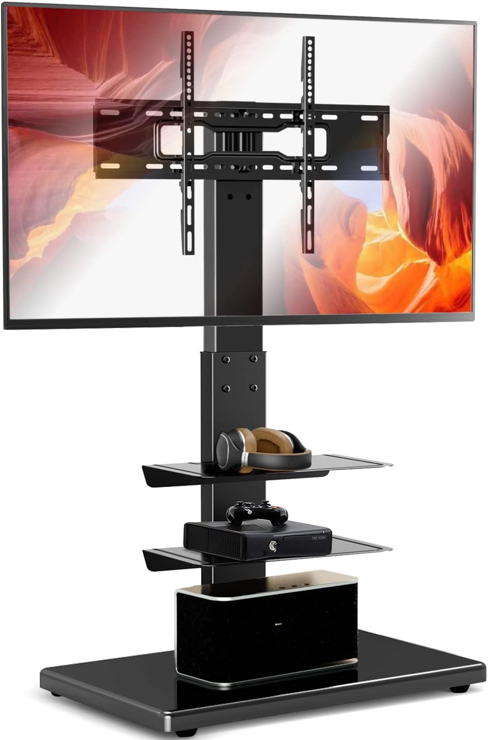 YOMT Floor TV Stand with Sturdy Wood Base, Tall Universal TV Stand with Mount for Most 32-75 inch TVs up to 110 lbs, Height Adjustable TV Stand with Swivel, TV Mount Stand with Media Shelves, Black