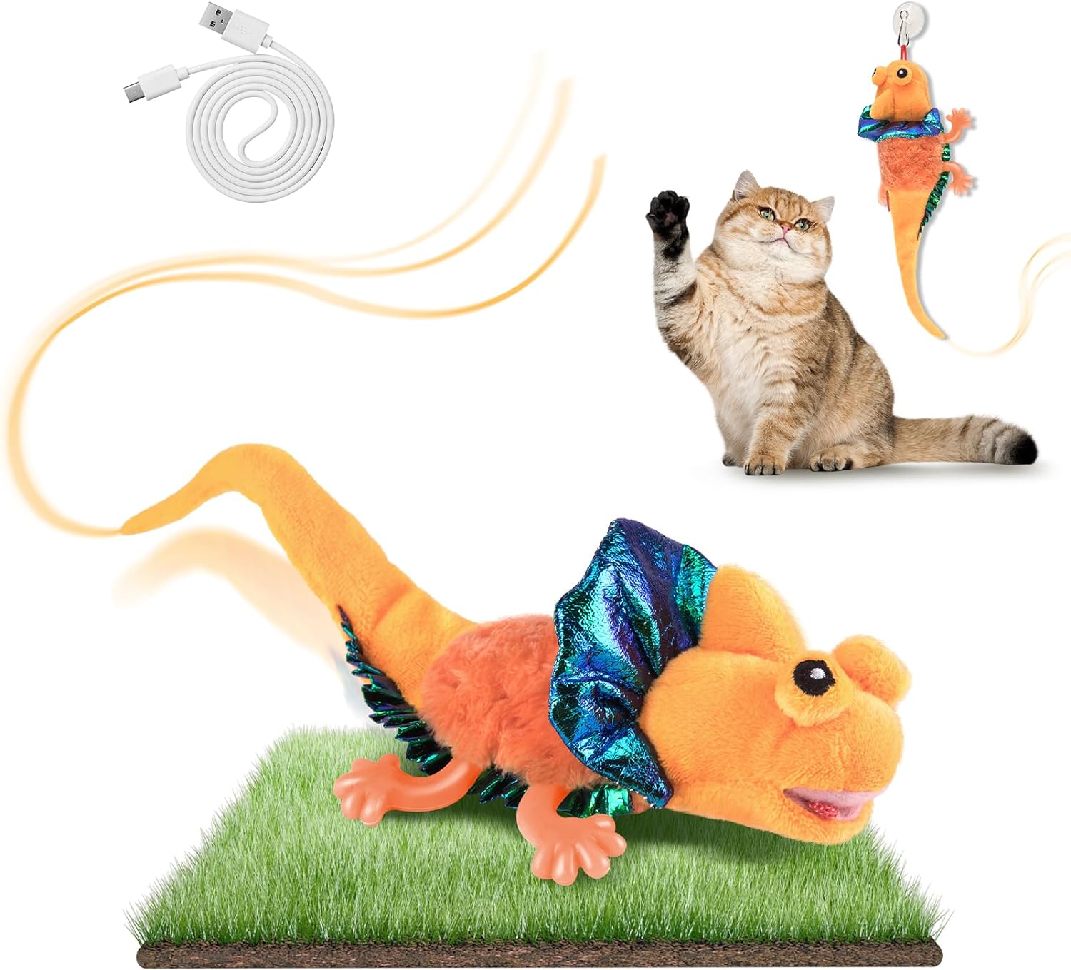 Migipaws Cat Toys, Touch Activated Flapping Chirping Lizard Kitten Toy with Catnip for Indoor Cats Kicker, Rechargeable Orange