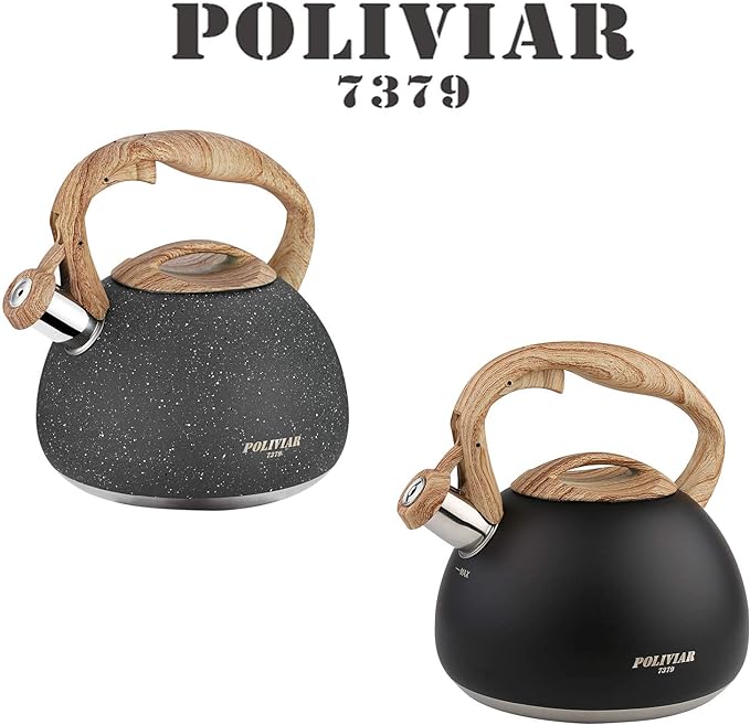 POLIVIAR Tea Kettle, Black Ti/Natural Stone Stovetop Tea Kettle 2.7 Quart, Audible Whistling Teapot, Food Grade Stainless Steel and Anti Hot Handle, Suitable for All Heat Sources