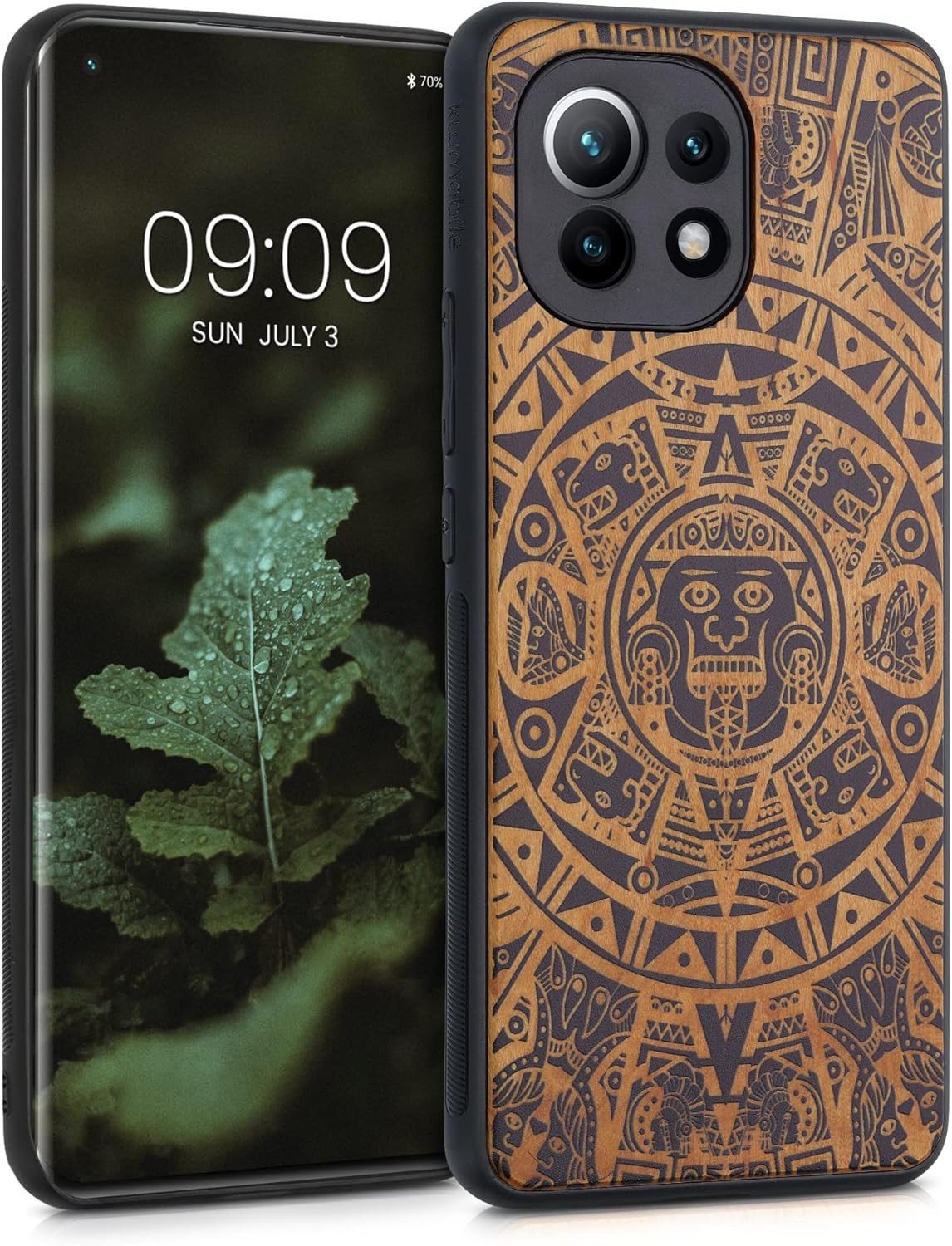 kwmobile Wood Case Compatible with Xiaomi Mi 11 Case - Cover - Mayan Calendar Light Brown/Black