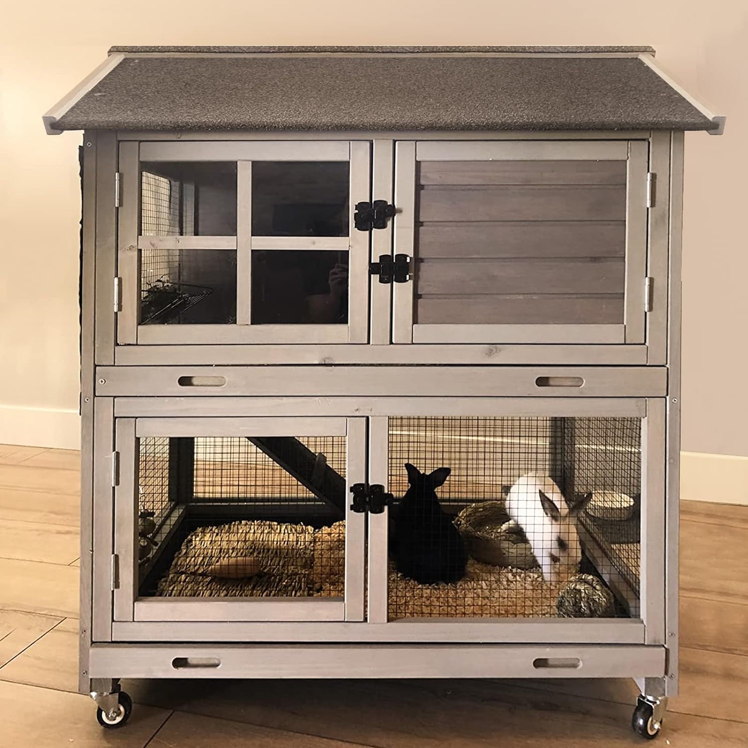 Rabbit Hutch Indoor Outdoor Bunny Cage Rabbit House with Movable Wire Netting, Guinea Pig Habitat On Wheels,Pull Out Leak Proof Tray