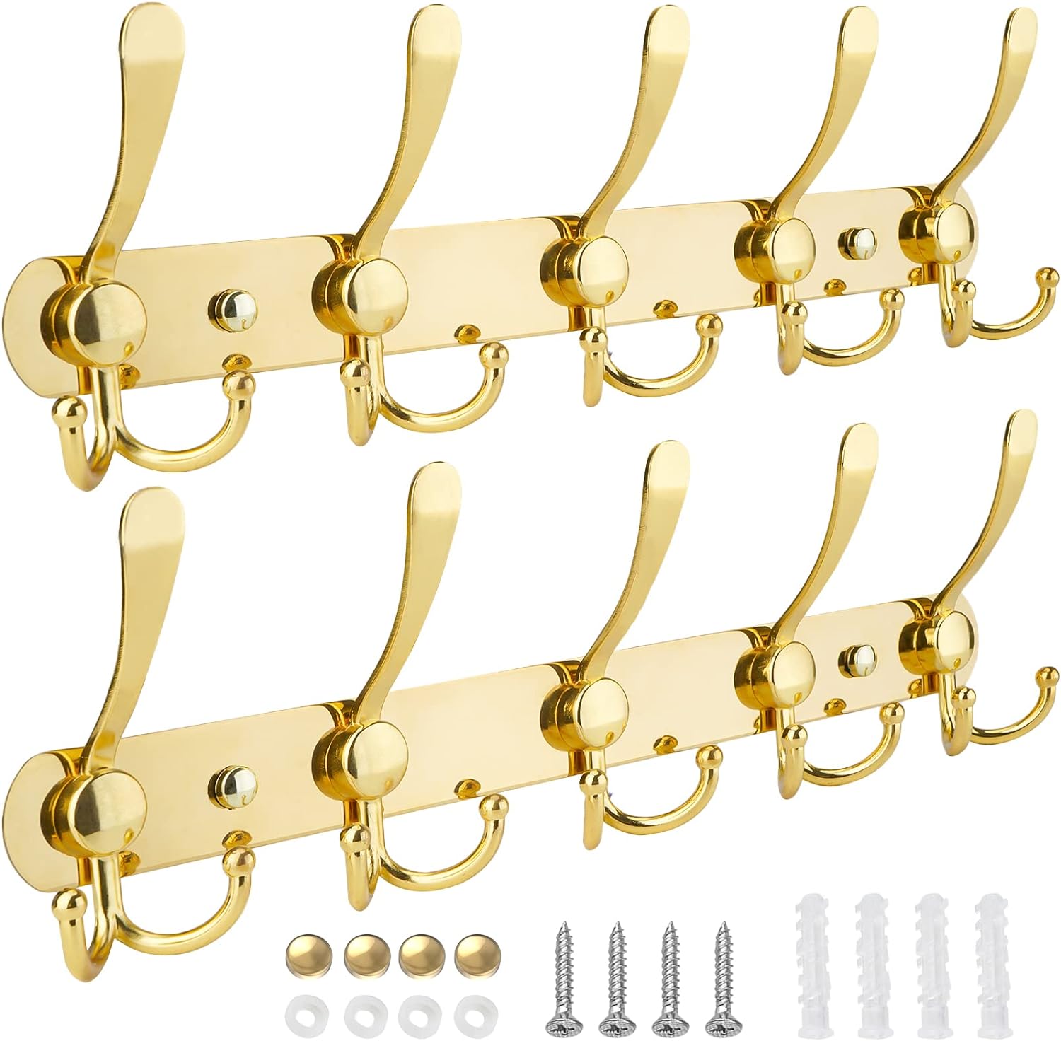 TICONN Wall Mounted Coat Rack, Five Heavy Duty Tri Hooks All Metal Construction for Jacket Coat Hat in Mudroom Entryway (Gold, 2-Pack)