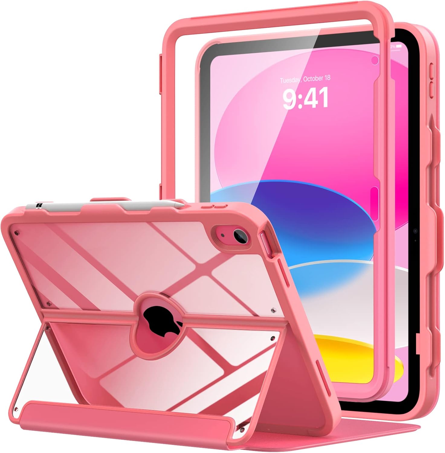 MoKo for iPad 10th Generation Case with Pencil Holder, iPad Case 10th Gen. 2022 10.9, Built-in Screen Protector Clear Back, Stain Resistant Multi Angle Viewing Stand, Auto Wake/Sleep, Watermelon Red