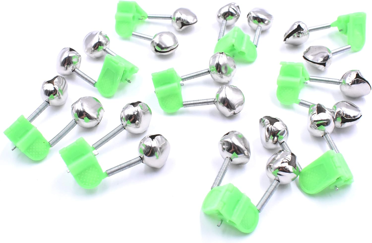 10Pcs Fishing Rod Alarm Dual Alert Bells Green Silver Tone