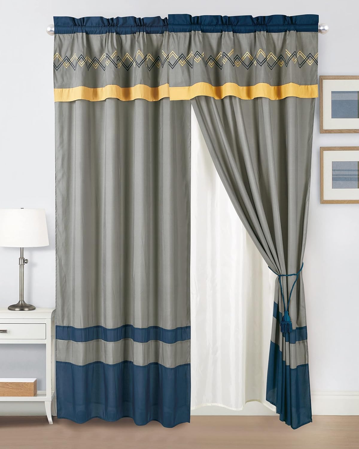 Chezmoi Collection Arden 4-Piece Modern Navy/Gray/Yellow Zigzag Stripe Embroidery Window Curtain Panel Set with Sheer Backing Valance Tassels, 120 inch x 84 inch