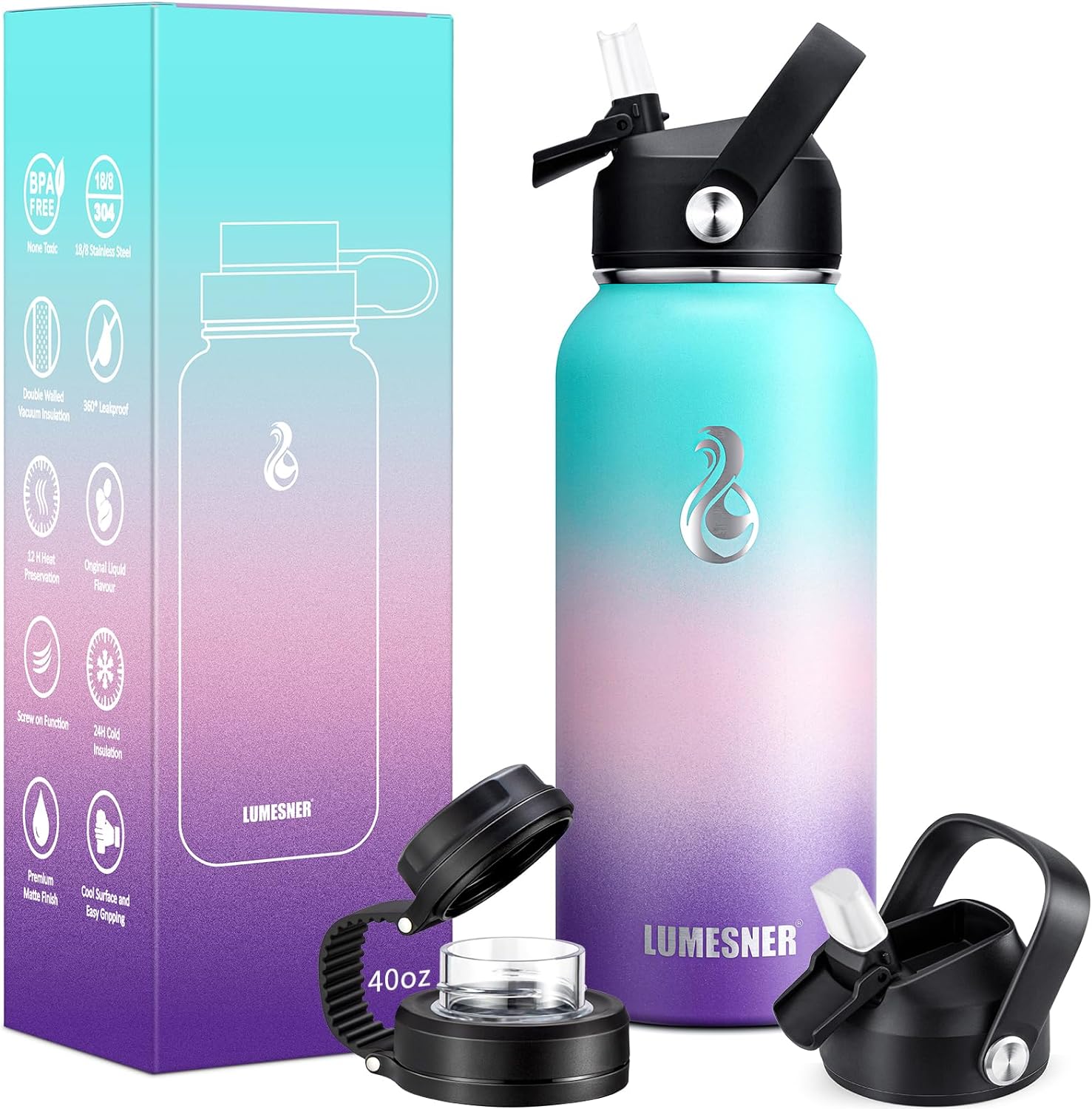 Lumesner Vacuum Insulated Stainless Steel Water Bottle,1200ml/950ml/650ml- 2 Lids (Straw Lid and Spout Lid), 2 Straws Water Bottle (40 oz, Hydrangea)