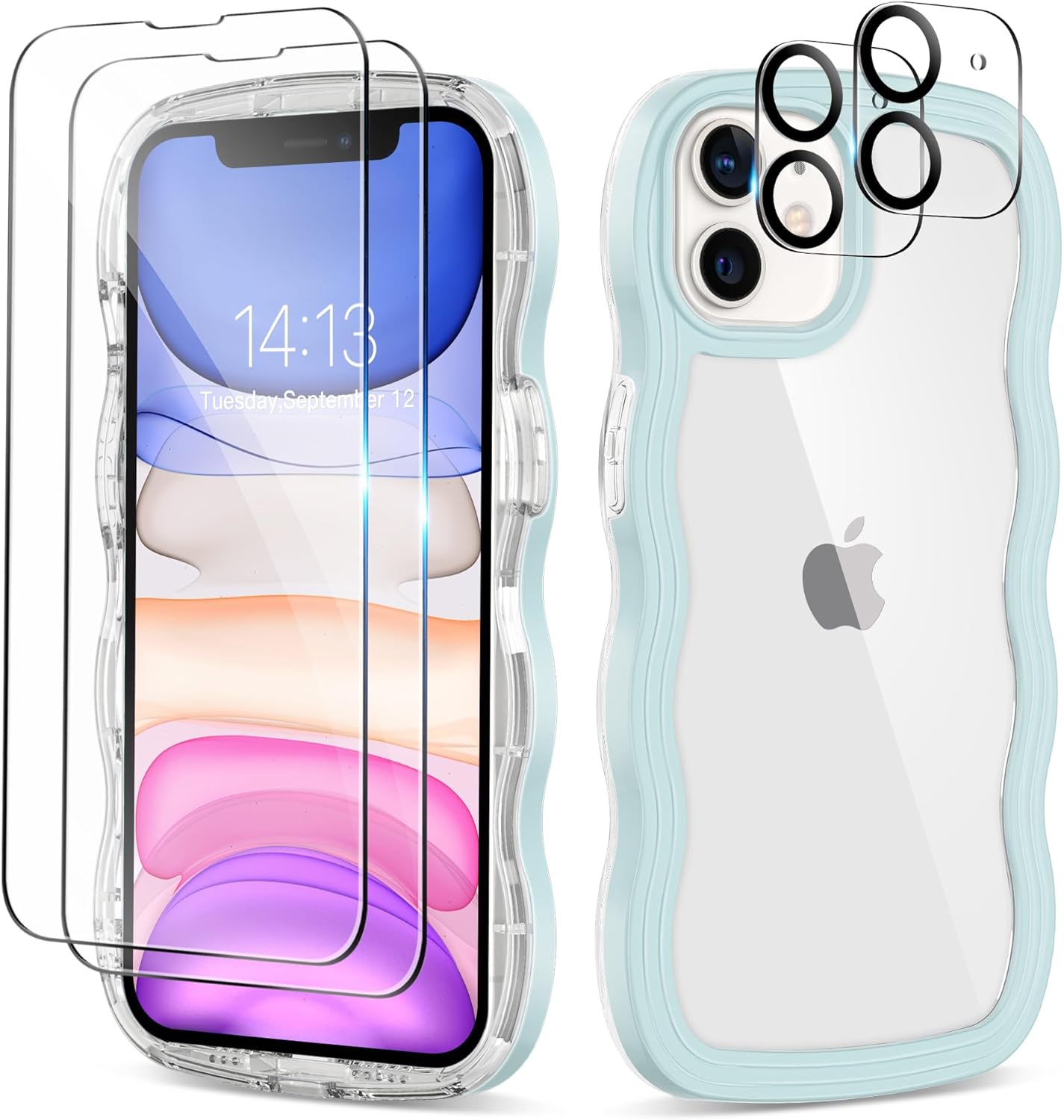 for iPhone 11 Case 6.1 Inch, with 2X Screen Protector + 2X Camera Lens Protector, Clear Wave Curved Design Soft TPU + Hard Frame Shockproof Protective Phone Case Cover for Women, Green