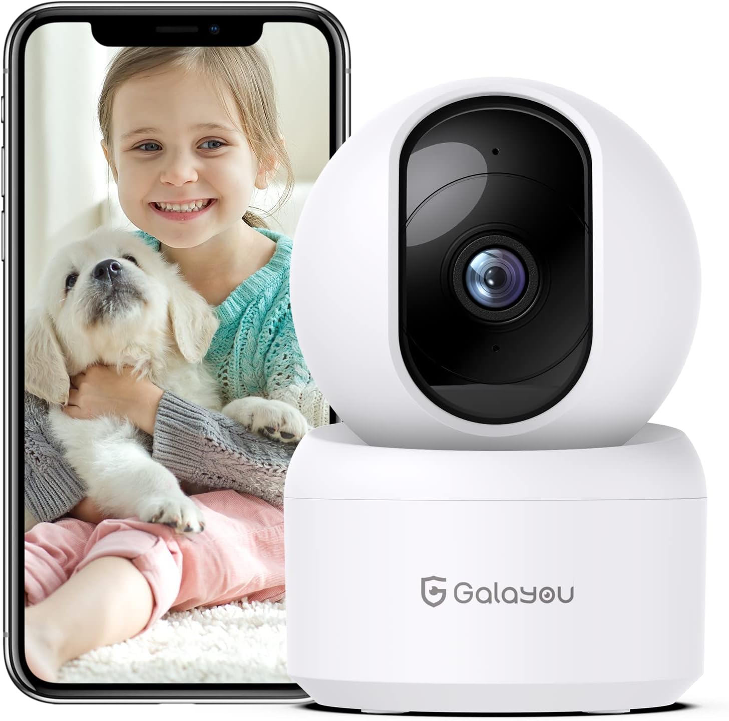 GALAYOU Indoor Security Camera 2K, Pet Camera, 360 Degree WiFi Home Security Camera for Baby/Elder/Nanny with Night Vision, Siren, 24/7 SD Card Storage, Works with Alexa and Google Assistant G2