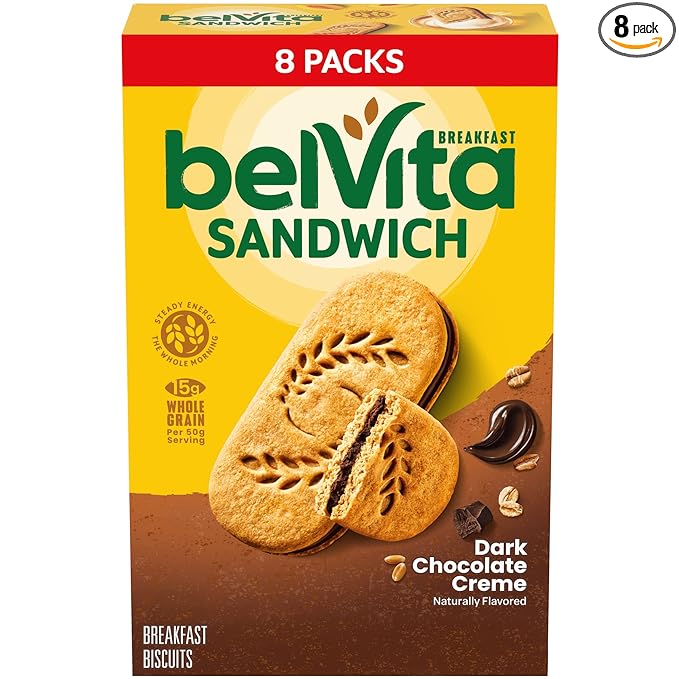 belVita Breakfast Sandwich Dark Chocolate Creme Breakfast Biscuits, 8 Packs (2 Sandwiches Per Pack)