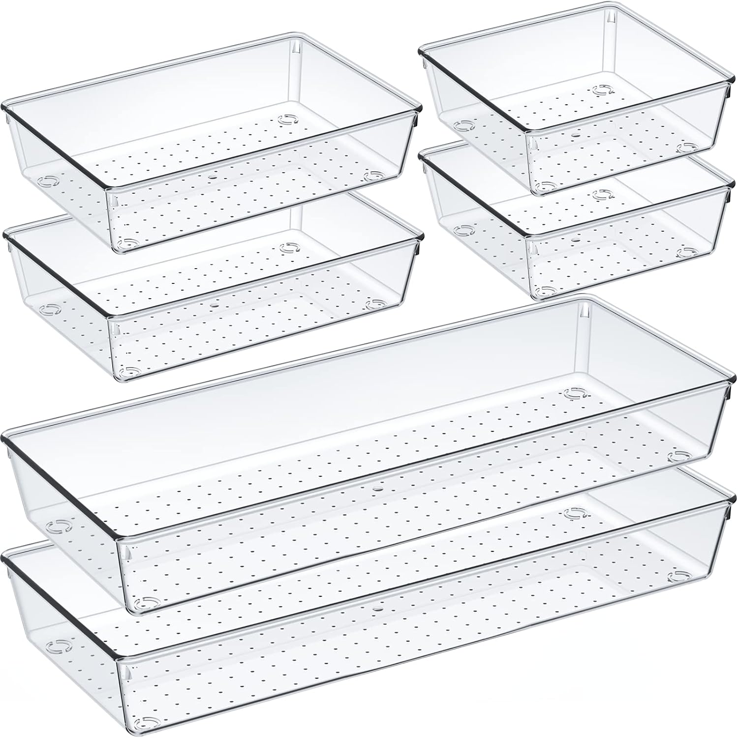 6 Pack Clear Plastic Drawer Organizer Set, Acrylic Non Slip Non Cracking Kitchen Drawer Storage Tray Large Size Divider, Multifunctional Storage for Cosmetics, Bathroom, Tools, Kitchen and Office