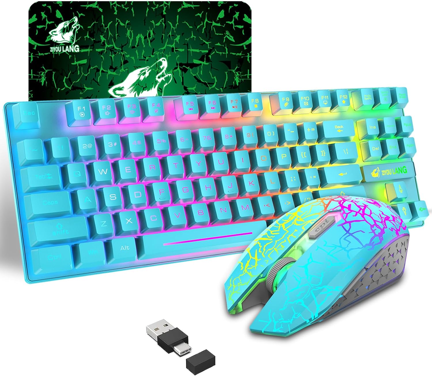 Wireless Gaming Keyboard and Mouse Combo with 87 Key Rainbow LED Backlight Rechargeable 3800mAh Battery Mechanical Feel Anti-ghosting Ergonomic Waterproof RGB Mute Mice for Computer PC Gamer (Blue)