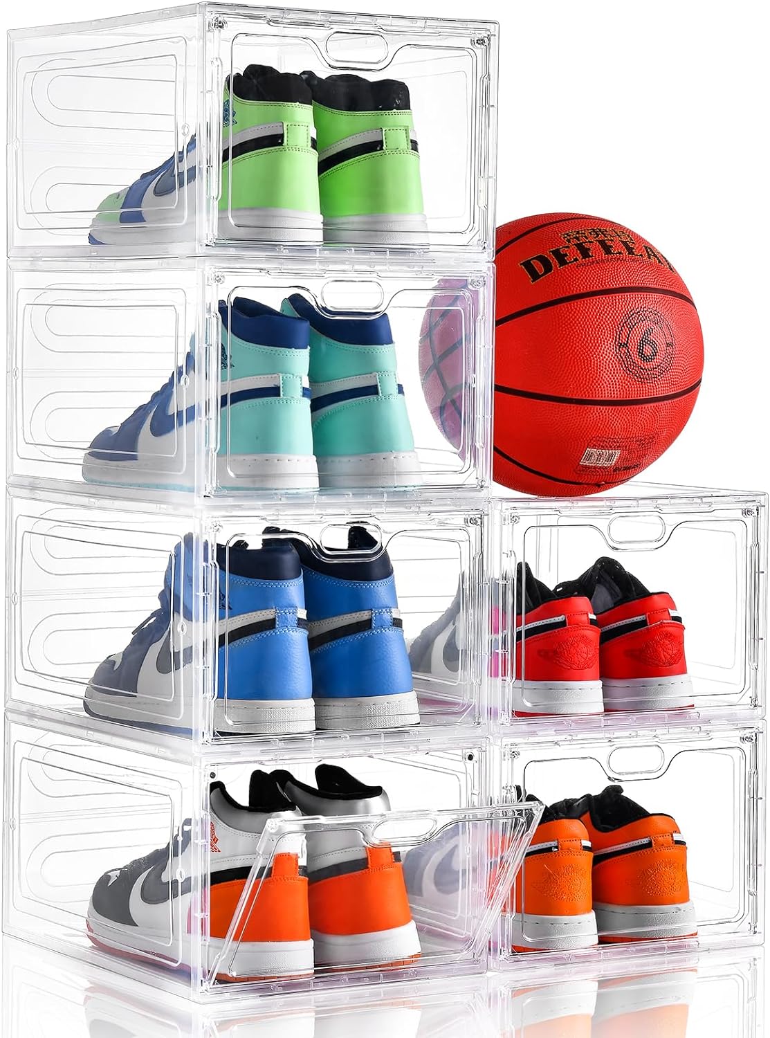 6 Pack Shoe Storage Box Clear Plastic Stackable, Shoe Box with Magnetic Door, Shoe Organizer and Shoe Containers for Sneaker Storage, Fit up to US Size 12(13.4"x 9.8"x 7.1")