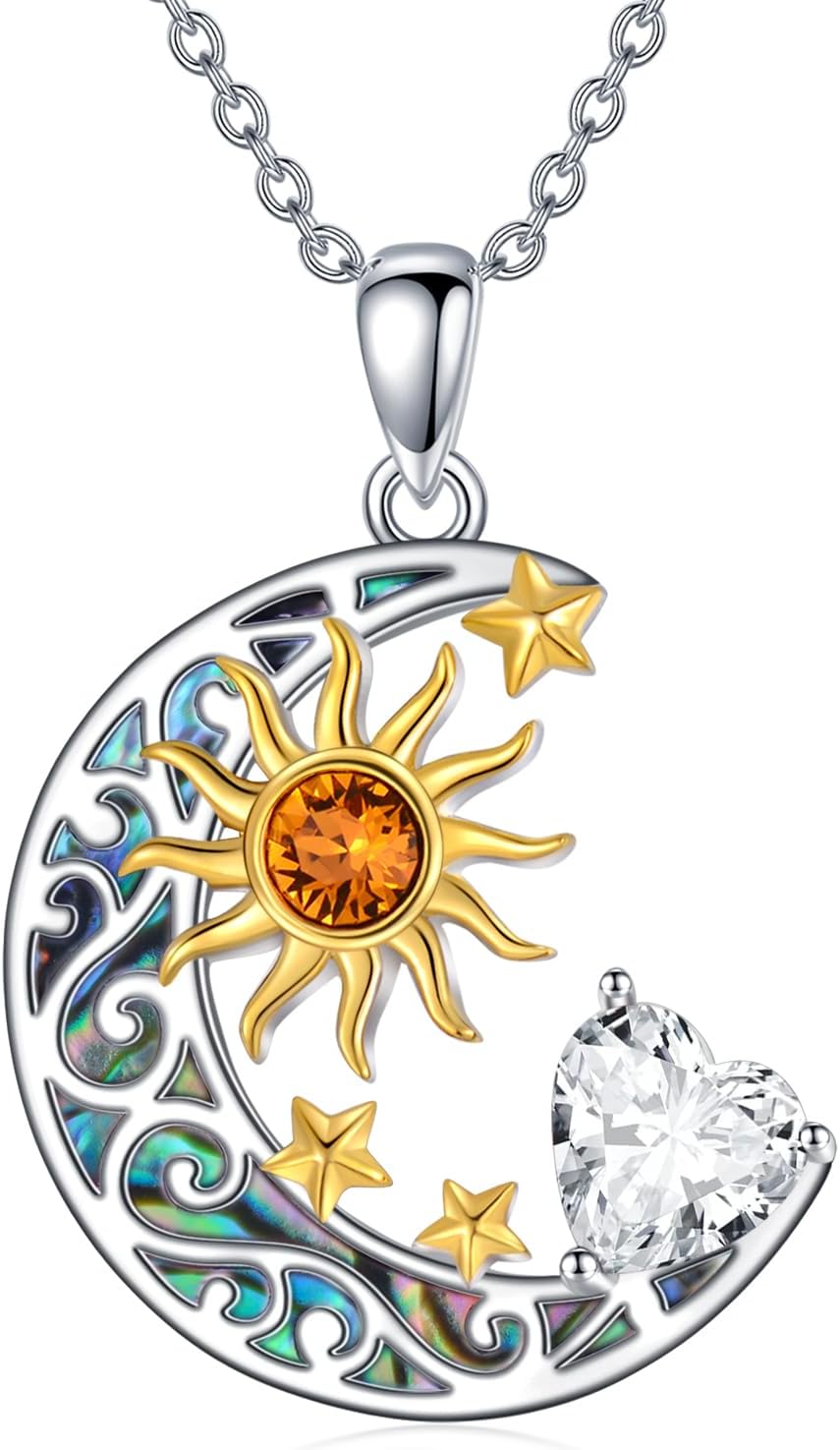 AOBOCO 925 Sterling Silver Sun and Moon Star Pendant Necklace with Simulated Birthstone, Birthday Christmas Jewelry Gift for Women Teen Girls