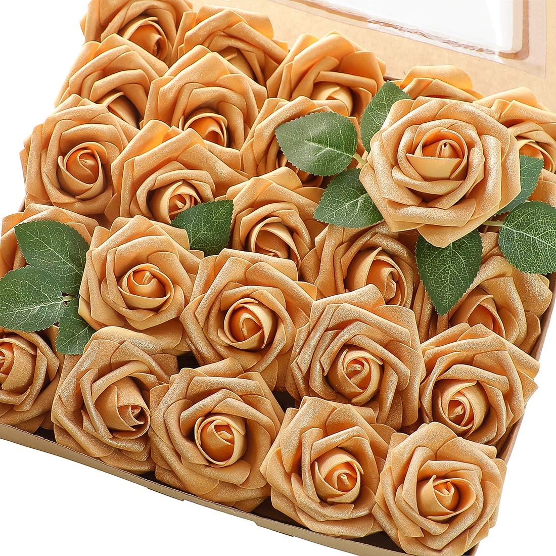 Floroom Artificial Flowers 25pcs Real Looking Gold Foam Fake Roses with Stems for DIY Wedding Bouquets Bridal Shower Centerpieces Party Decorations