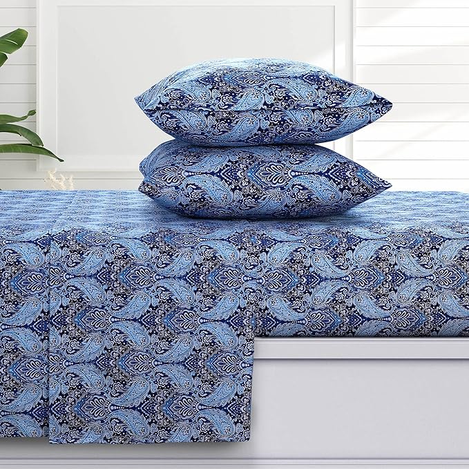 Tribeca Living Sofi Paisley 170-GSM Flannel Extra Deep Pocket Sheet Set with Oversized Flat, 100% Cotton, Super Soft, Warm, Cozy Bed Sheet, Queen Deep Blue, (SOFIFLOSHEQU)
