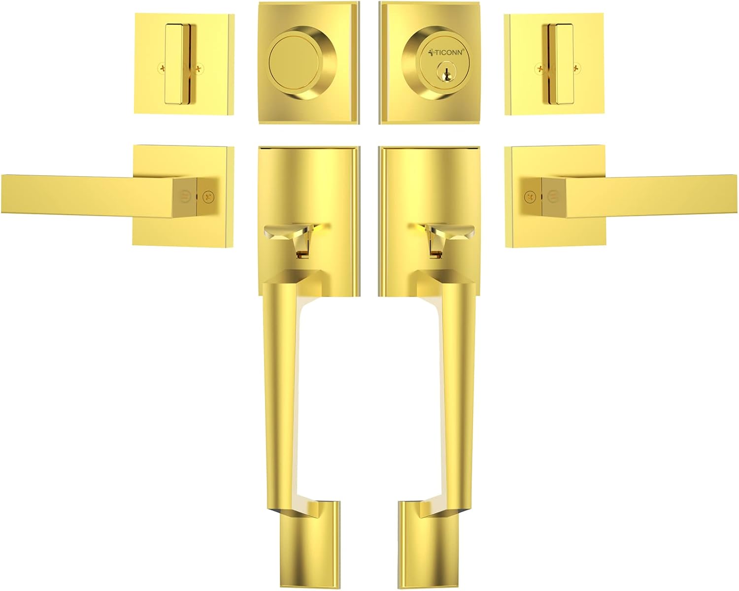 TICONN Double Front Door Handle Set, Heavy Duty Square Door Lever and Single Cylinder Deadbolt Combo for Side by Side Entrance Exterior Doors (Polished Brass)