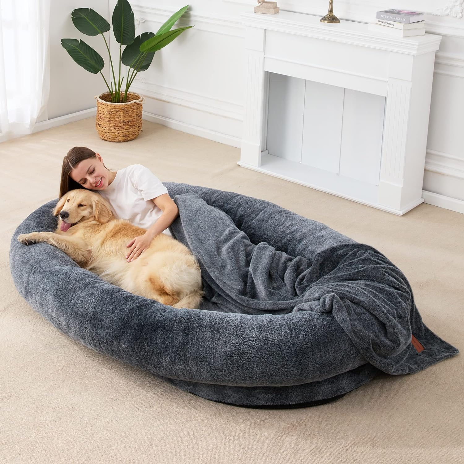 Homguava Large Human Dog Bed 72"x48"x10" Human-Sized Big Dog Bed for Adults&Pets Giant Beanbag Bed with Washable Fur Cover,Blanket and Strap(Large, Grey)