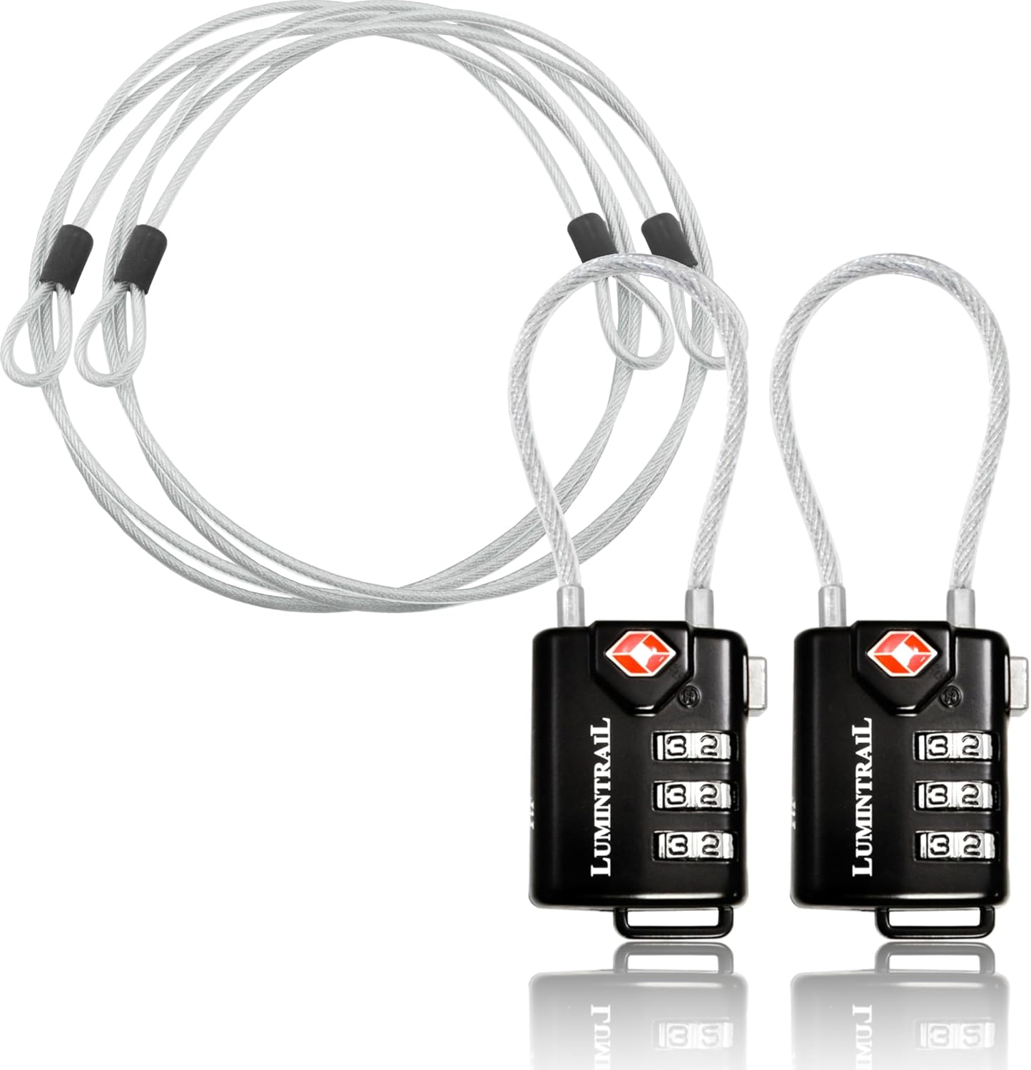 Lumintrail TSA Approved Lock for Luggage or Suitcase, Easy-to-Read 3 Digit Personalized Combination, Metal Travel Suitcase Luggage Lock, Black, with a 4-FT Braided Steel Cable (2 Pack)