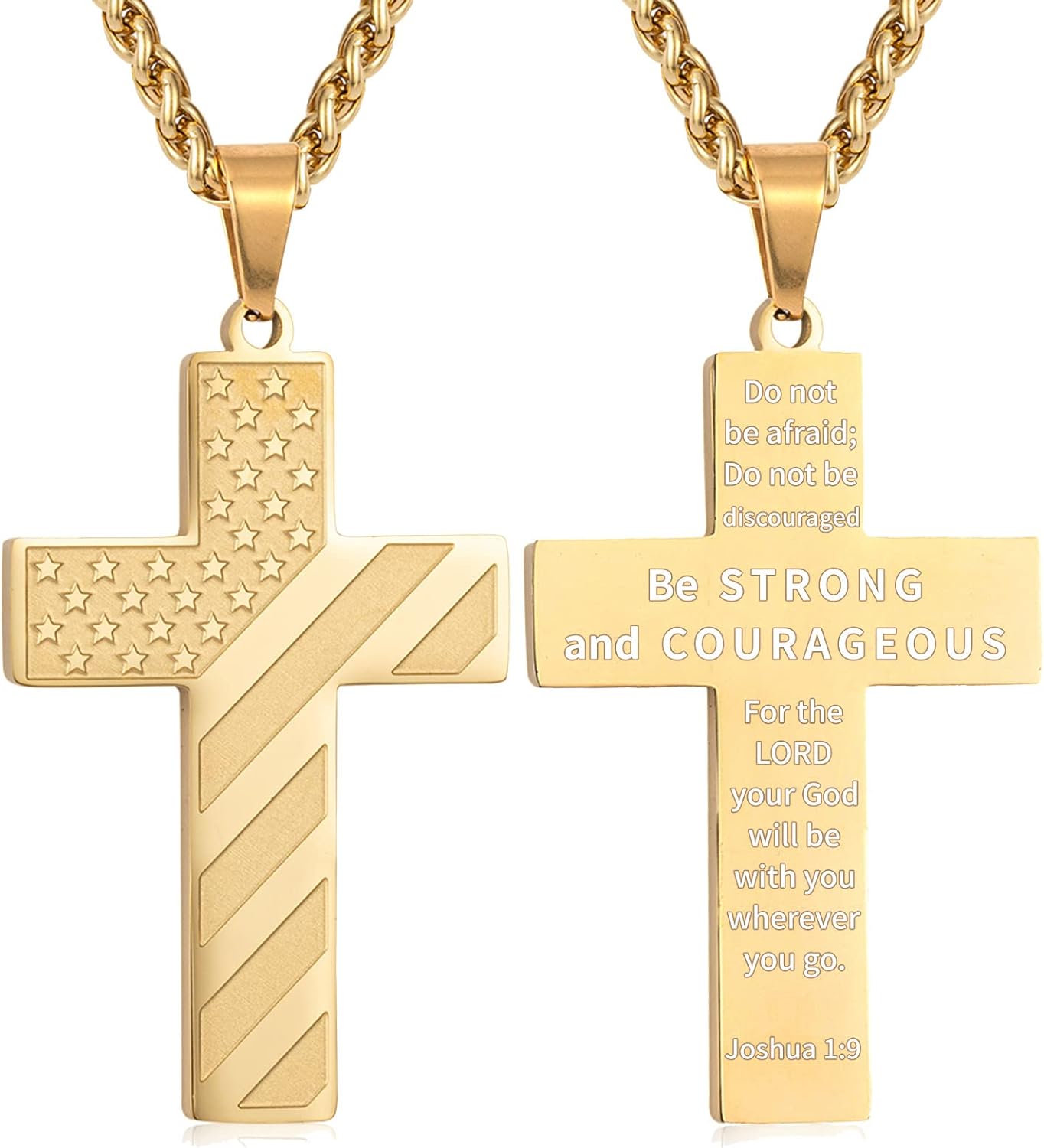 DuoDiner 18+2 Inch Cross Necklace Bible Verse Stainless Steel American Flag Pendant Chain for Men Jewelry Gift