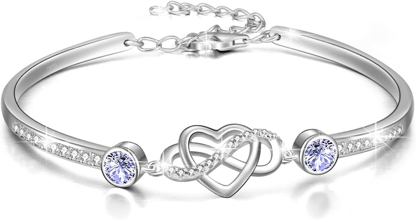 AOBOCO 925 Sterling Silver Infinity Endless Love Heart Birthstone Bangle Bracelet - I Love You Forever Series Adjustable 6-8 in Bracelet with Crystals from Austria Romantic Birthday Jewelry Gift for Women Wife Girlfriend